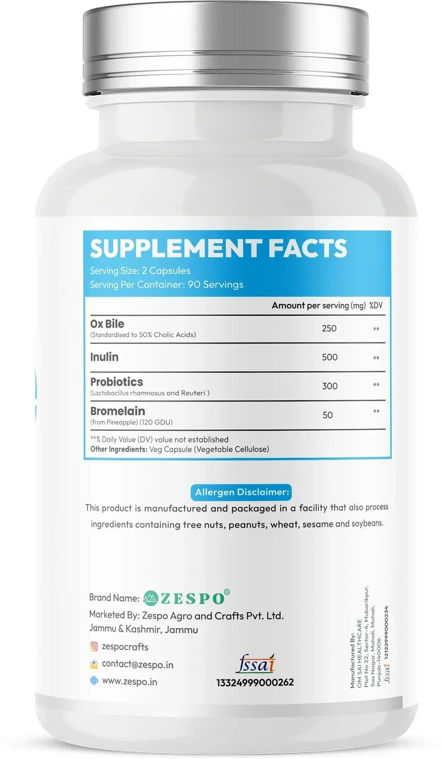 Zespo Ox Bile Complex 1,100 mg 4-in-1 Digestive Formula | Ox Bile, Inulin, Probiotics & Bromelain | Digestion & Gut Health Support | 180 Capsules