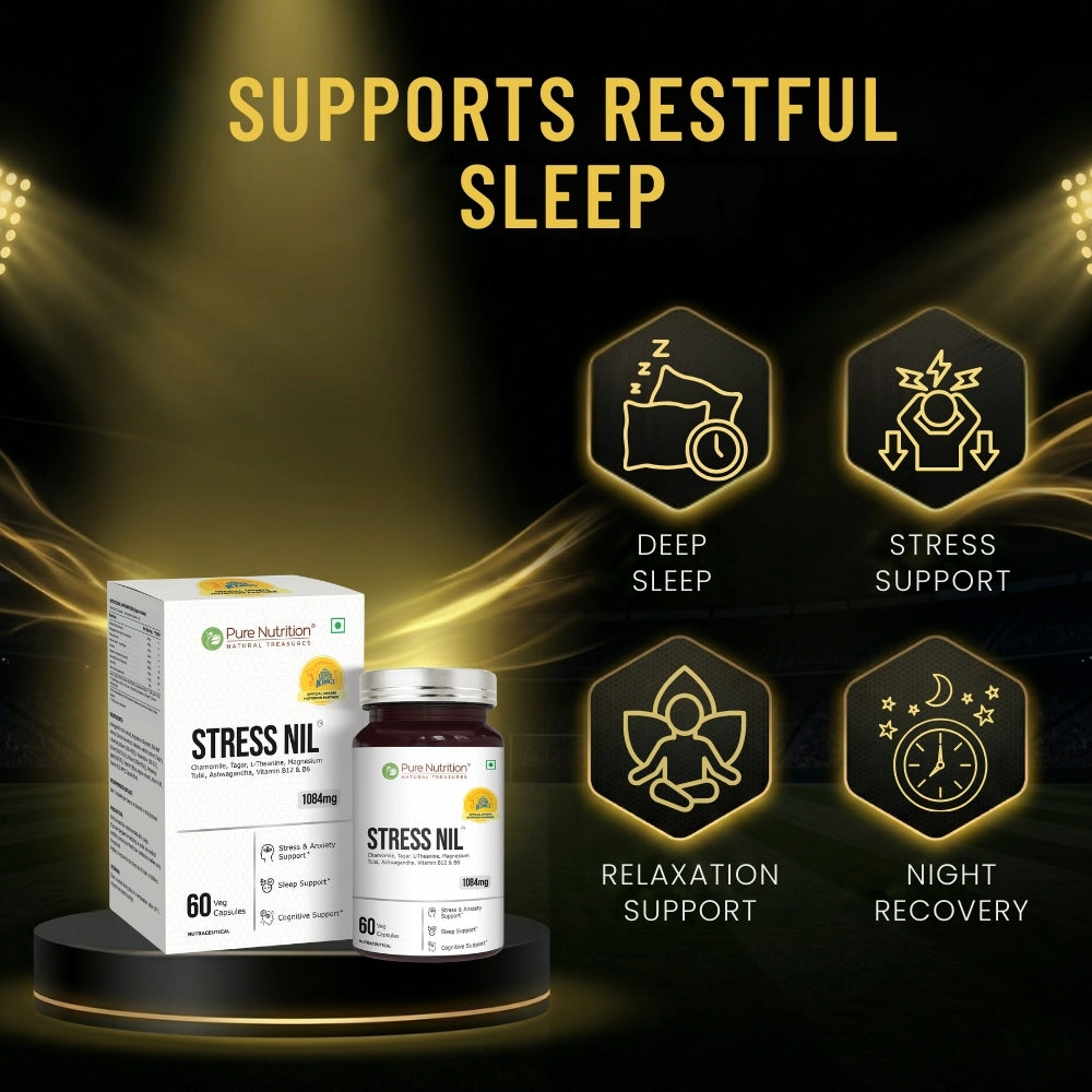CSK Limited Edition Pure Nutrition Stress Nil Herbal Relaxation & Sleep Support Supplement with Ashwagandha, L-Theanine, Chamomile & Magnesium | 60 Veg Capsules