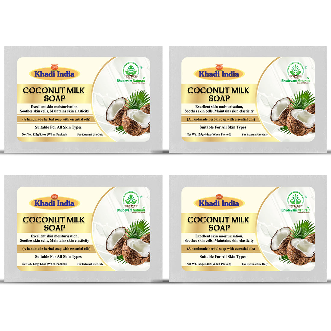 Bhudevam Naturals Khadi Handmade Coconut Milk Bath Soap for Dry Skin, Deep Nourishment & Glow- 500GM (Pack of 4)