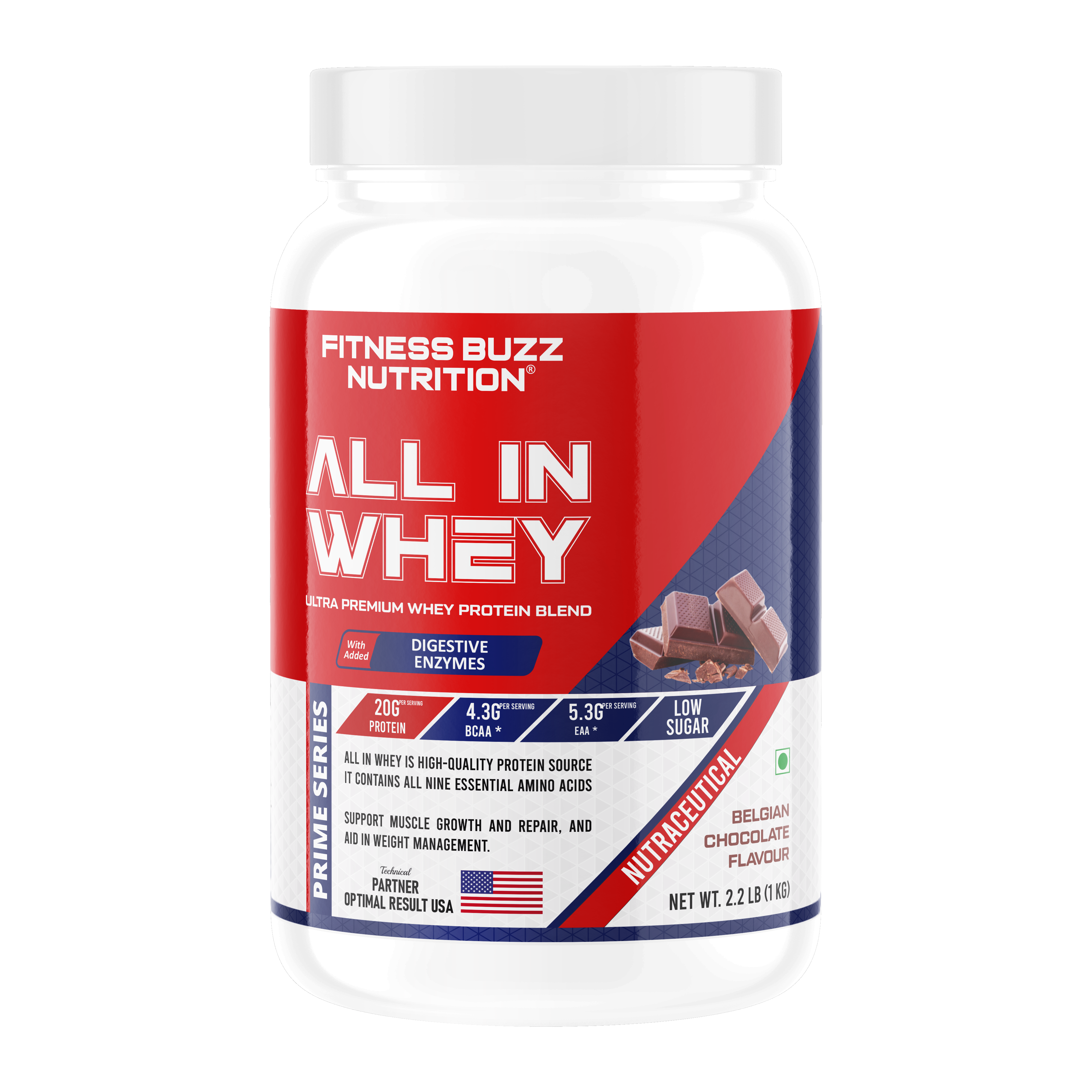 Fitness Buzz Nutrition I Prime Series I All in Whey with Added Digestive Enzymes I 20G Protein Per Serving I 4.3 BCAA Per Serving I 5.3G EAA Per Serving I Low Sugar I Nutraceutical I Veg I Belgian Chocolate