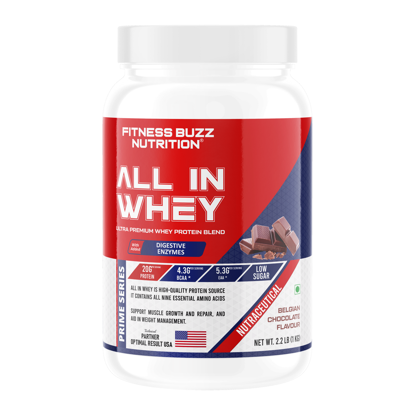 Fitness Buzz Nutrition I Prime Series I All in Whey with Added Digestive Enzymes I 20G Protein Per Serving I 4.3 BCAA Per Serving I 5.3G EAA Per Serving I Low Sugar I Nutraceutical I Veg I Belgian Chocolate