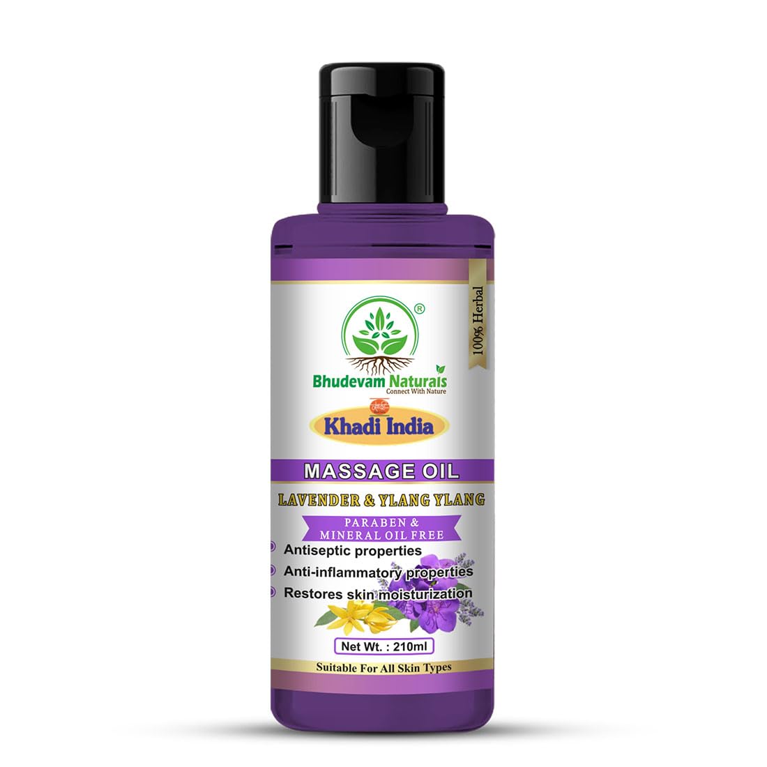 Bhudevam Naturals Khadi Lavender & Ylang Ylang Relaxing Body Massage Oil for Stress Relief & Skin Nourishment- 210ML