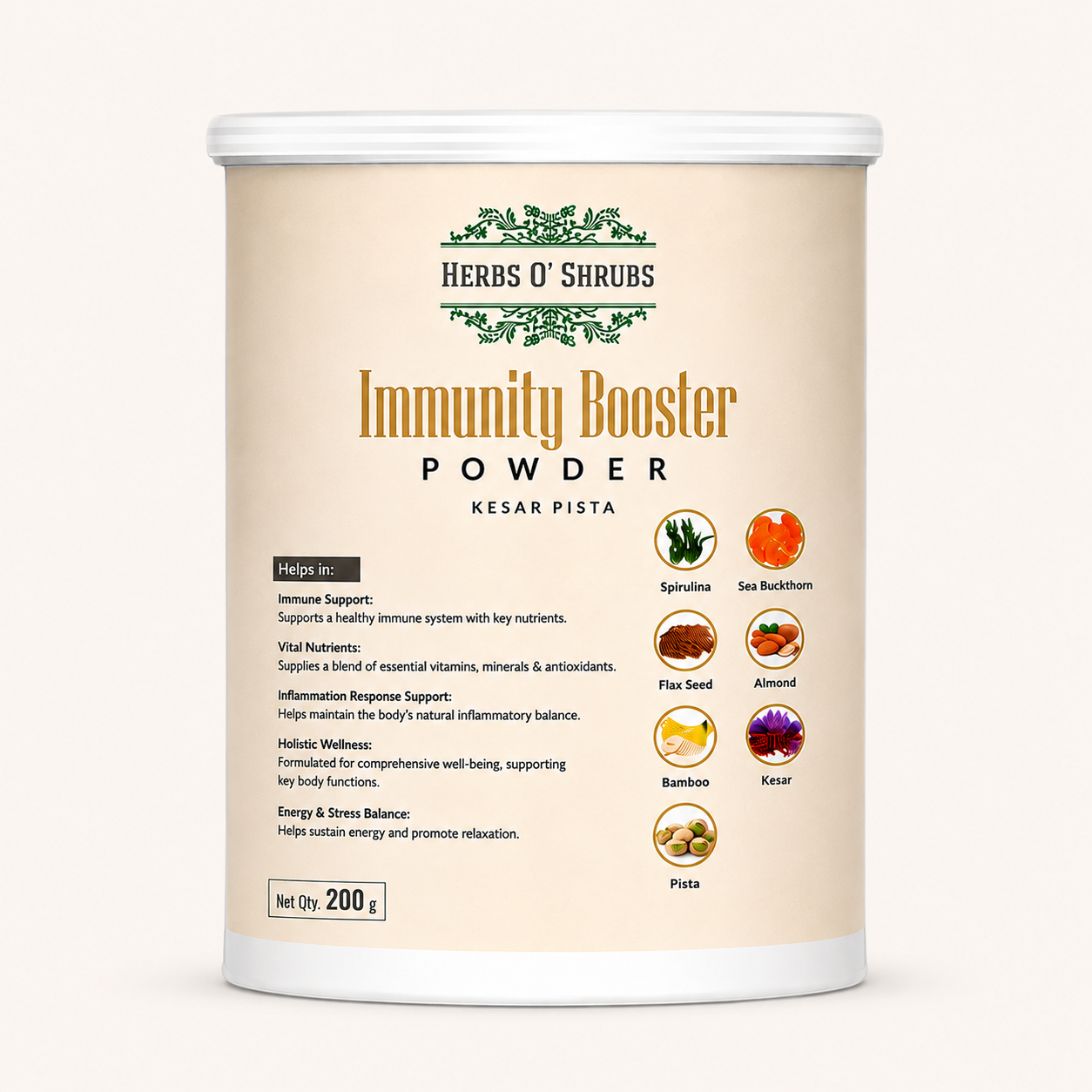 Herbs O’ Shrubs Immunity Booster Powder | Kesar Pista Flavour | Nutrition Powder | Ayurvedic Vitality Blend with Ashwagandha, Sea Buckthorn & Blue Green Algae | Vegan & Daily Immune Support,  200g