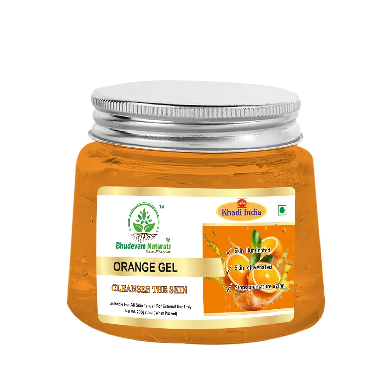 Bhudevam Naturals Khadi Orange Aloe Vera Gel for Face & Hair – Vitamin C Brightening & Hydrating Skin Care | Natural Glow Moisturizer- 200GM