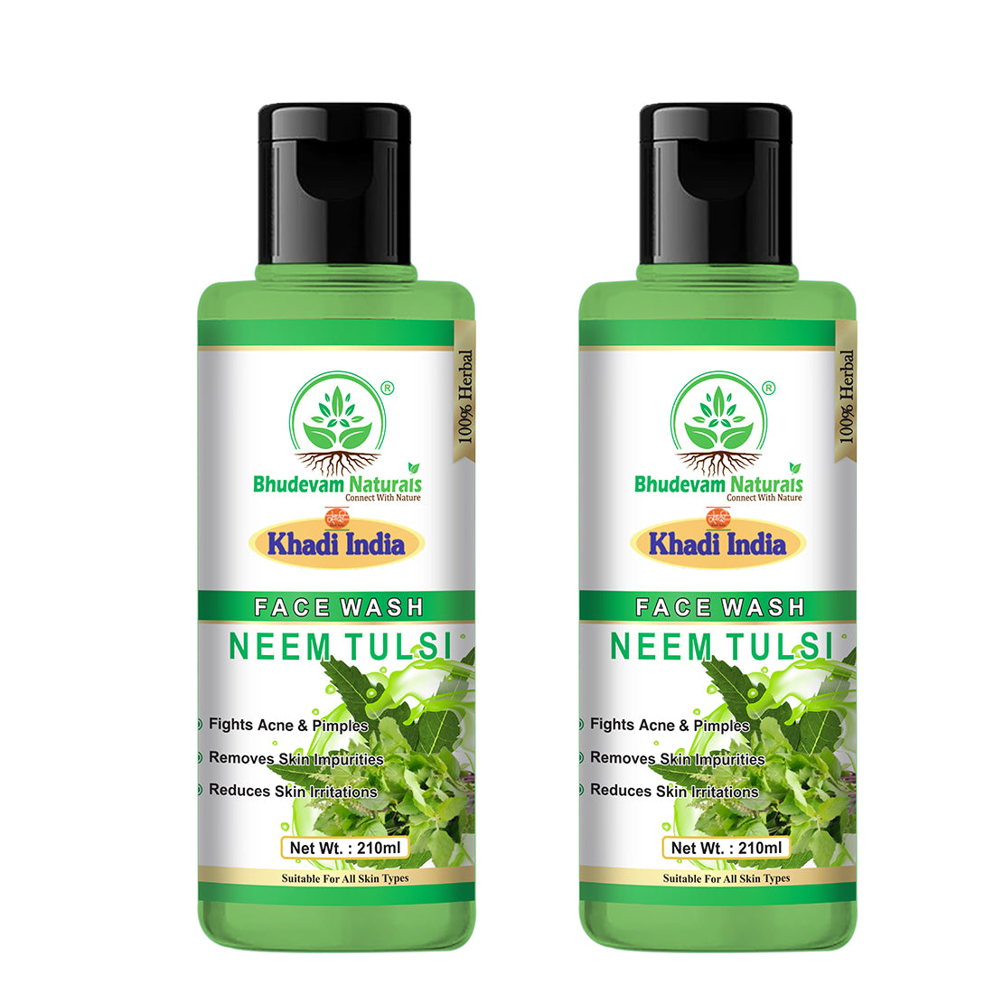 Bhudevam Naturals Khadi Neem Tulsi Face Wash for Oily & Acne-Prone Skin - 420ML (Pack of 2)