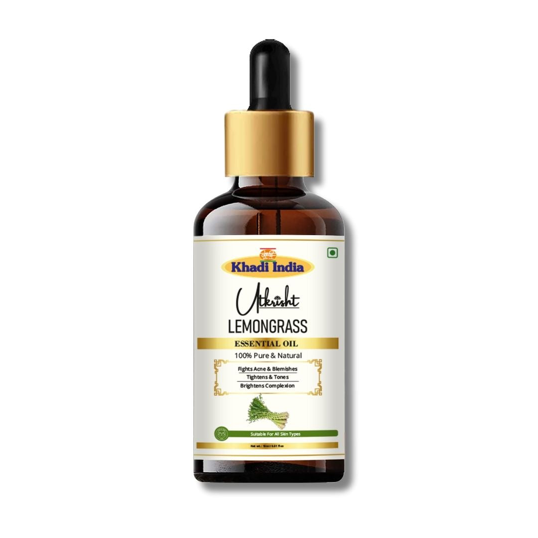 Khadi Lemongrass Essential Oil | Pure & Natural Lemongrass Oil for Face, Skin, Hair & Scalp Care | Essential Oil for Oily & Acne-Prone Skin | Refreshing Aromatherapy Oil | 15 ml