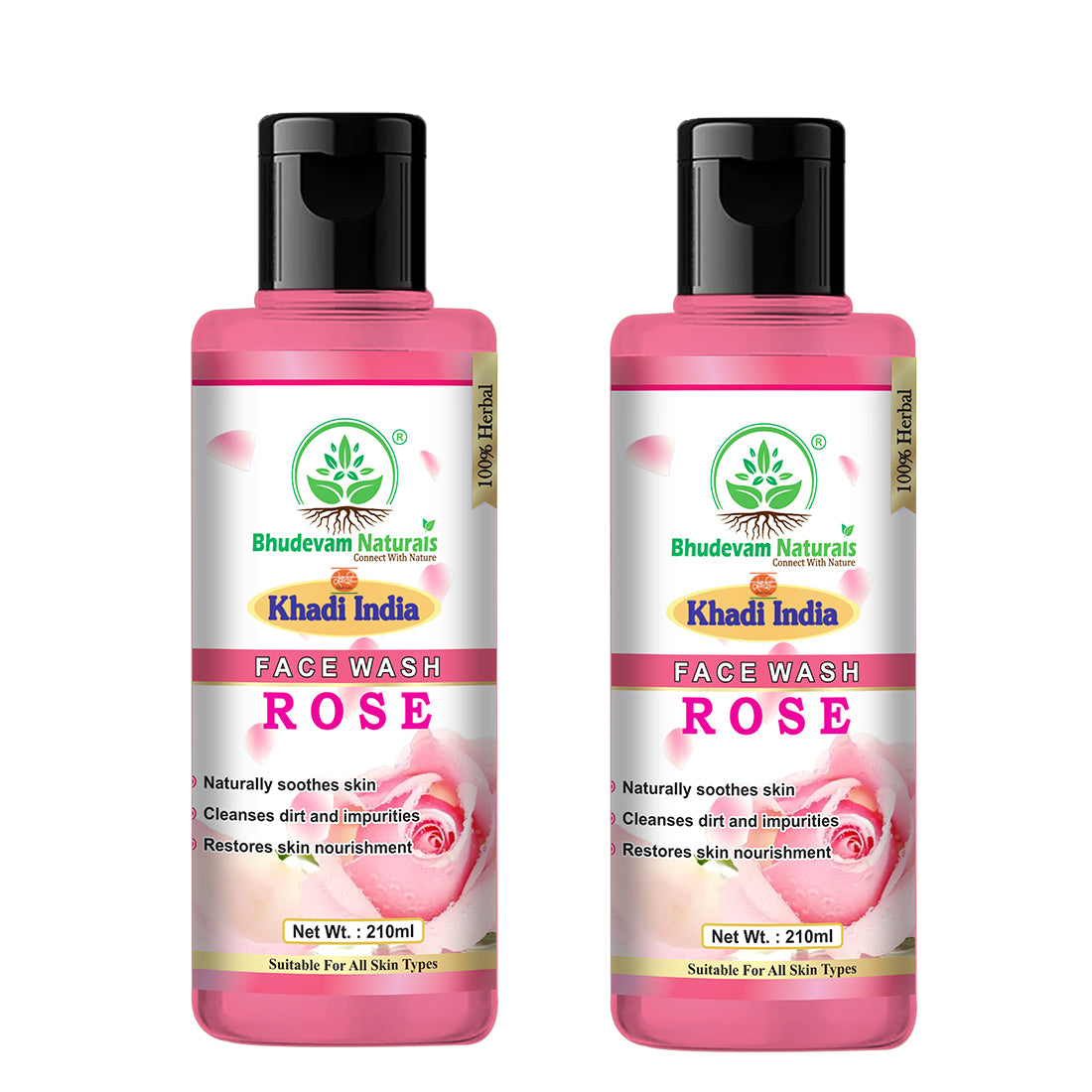 Bhudevam Naturals Khadi Rose Face Wash Gentle Herbal Face Cleanser for Soft & Glowing Skin- 420ML (Pack of 2)
