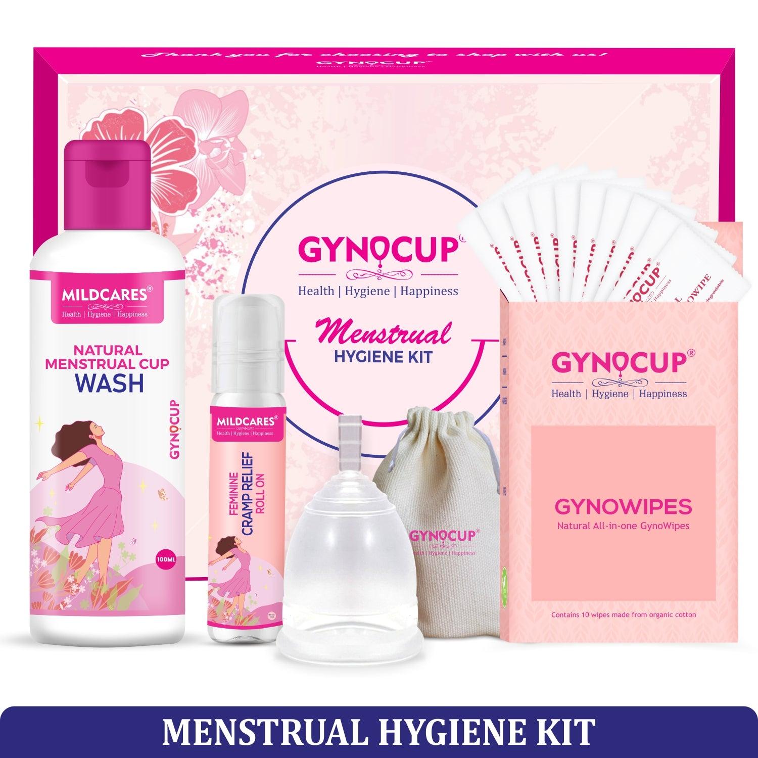 MildCares Menstrual Cup Kit for Women – Includes Menstrual Cup Wash (100 ml), Period Pain Relief Roll-On (10 ml), and Gynocup Wipes – Safe, Easy-to-Use, Comfortable, Eco-Friendly – (White)