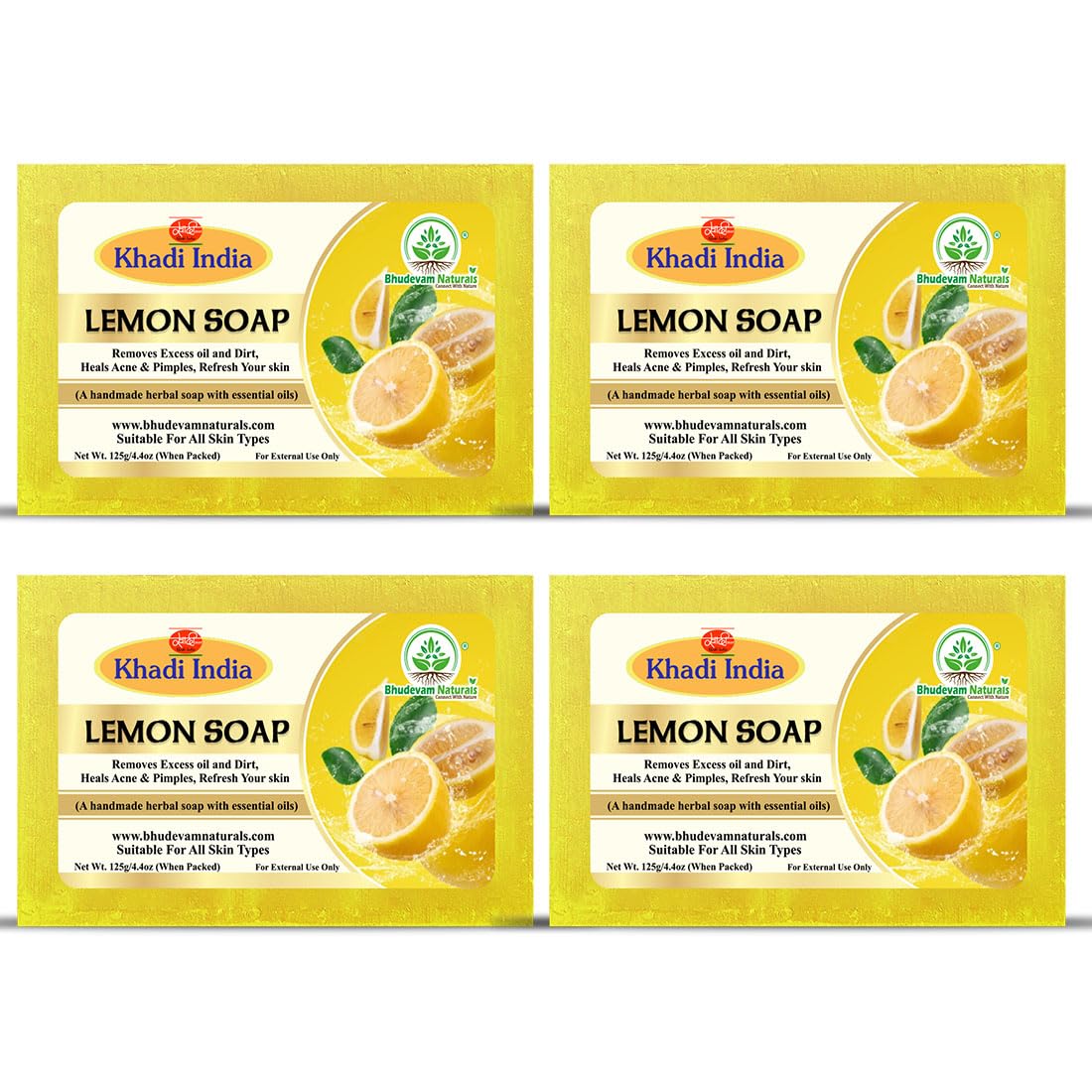 Bhudevam Naturals Khadi 100% Natural Lemon Bath Soap – Skin Brightening & Oil Control Soap, Herbal Formula, Safe for Daily Use- 500GM (Pack of 4)