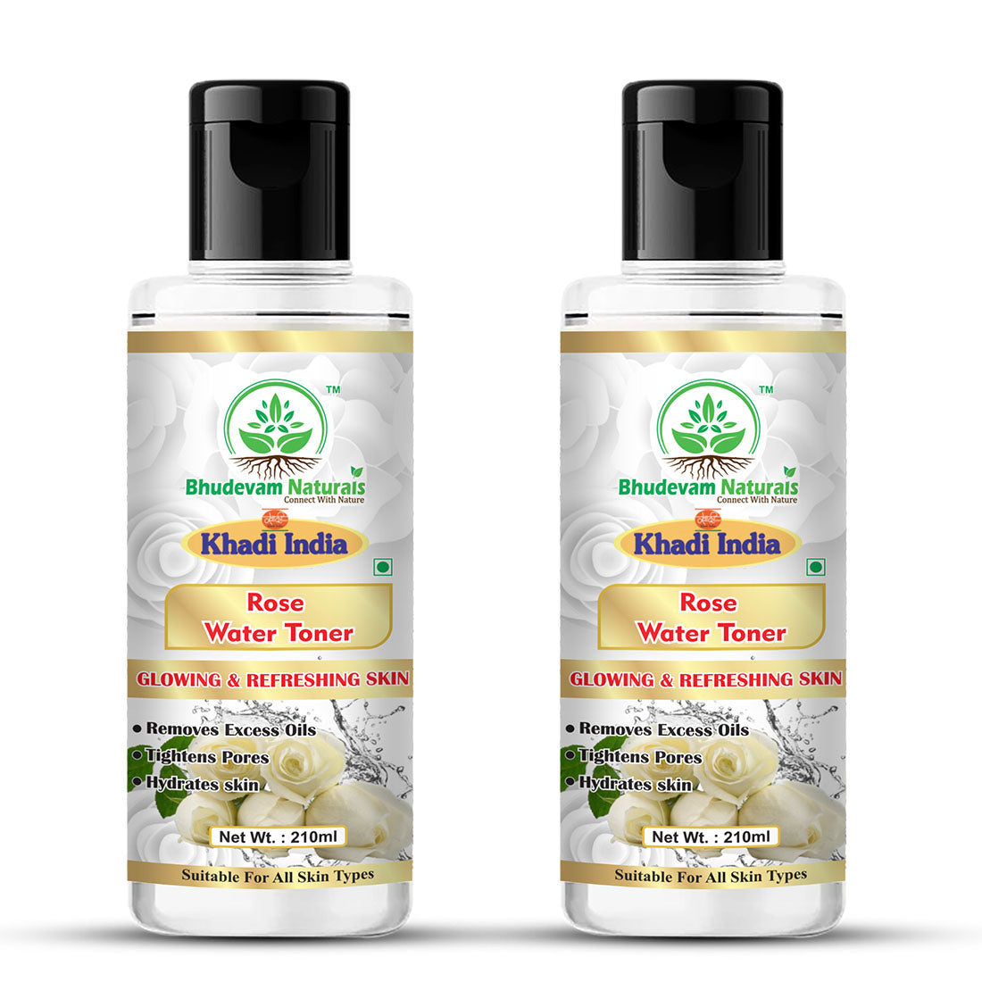 Bhudevam Naturals Khadi Rose Water Skin Toner for Glowing Skin, Hydration & Pore Tightening- 420ML (Pack of 2)