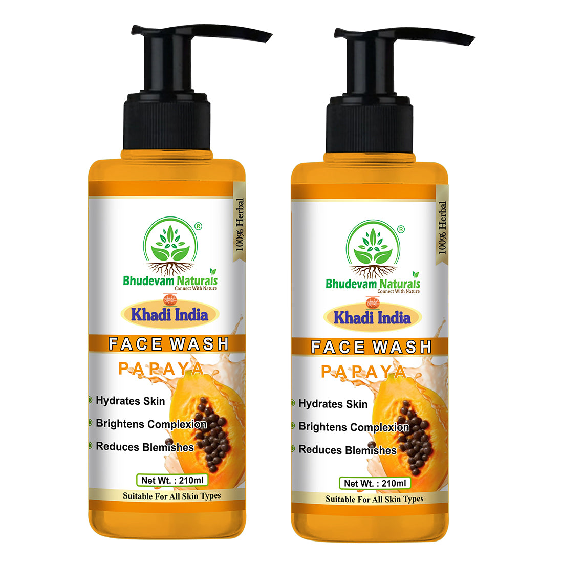 Bhudevam Naturals Khadi Papaya Face Wash – Removes Dirt, Oil & Impurities Naturally- 420ML (Pack of 2)
