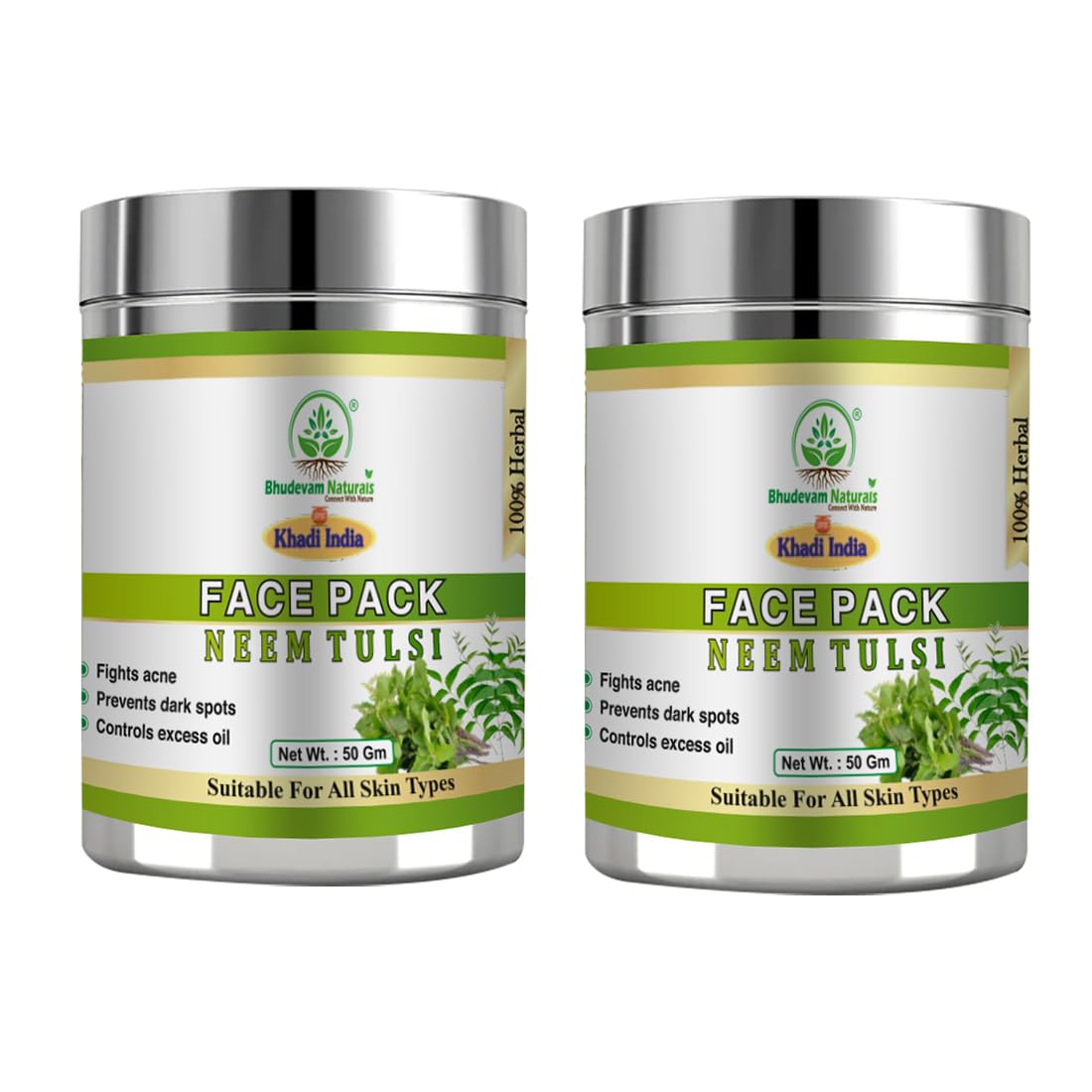 Bhudevam Naturals Khadi Neem Tulsi Face Pack For Deep Cleansing, Acne Control & Skin Purifying- 100GM (Pack of 2)