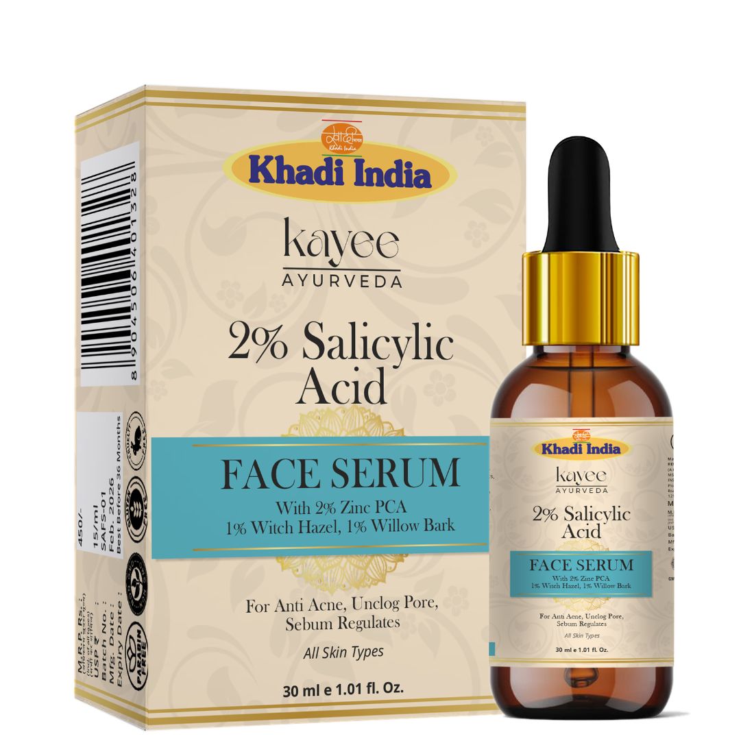 Kayee Ayurveda 2% Salicylic Acid Face Serum for Acne-Prone & Oily Skin | Helps Unclog Pores, Control Excess Oil & Improve the Appearance of Blemishes | Lightweight Daily Facial Serum for Women & Men | 30 ml