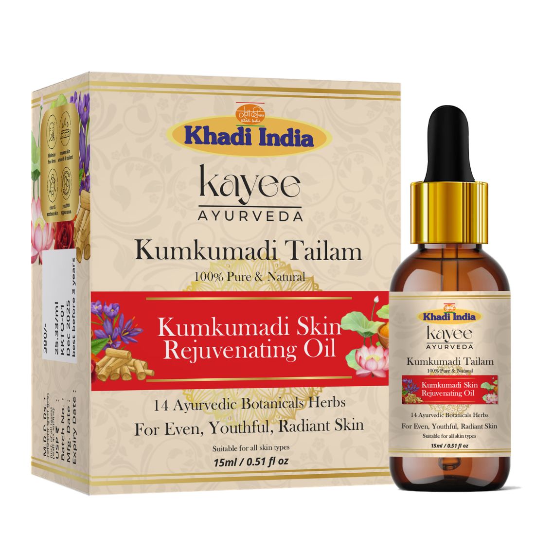Kayee Ayurveda Kumkumadi Tailam Face Oil, Ayurvedic Facial Oil for Soft, Smooth & Radiant-Looking Skin, Nourishing & Moisturizing Face Oil for Dull, Dry & Uneven-Looking Skin, Women & Men | 15 ml