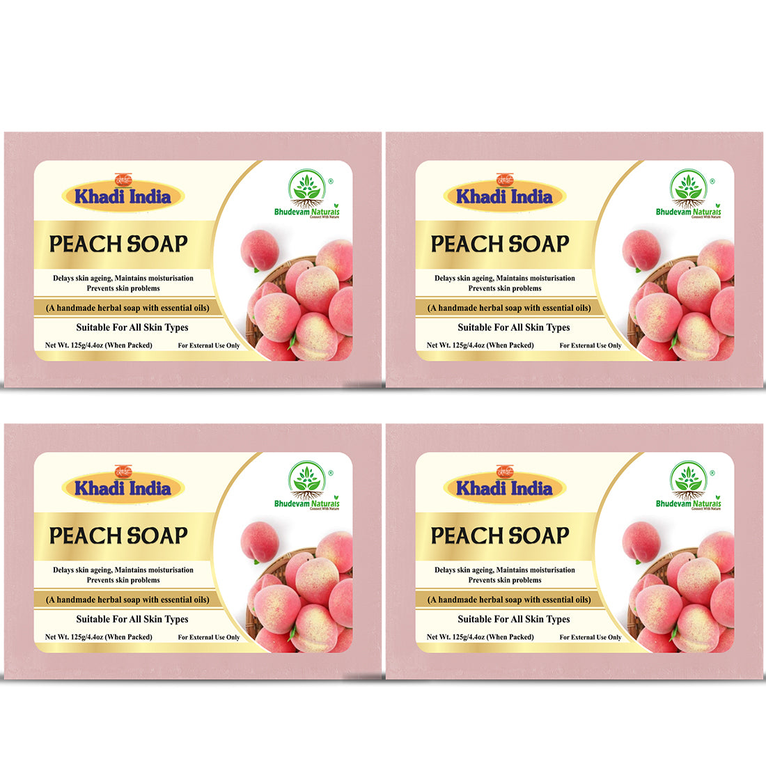 Bhudevam Naturals Khadi Handmade Peach Soap for Smooth & Radiant Skin- 500GM (Pack of 4)