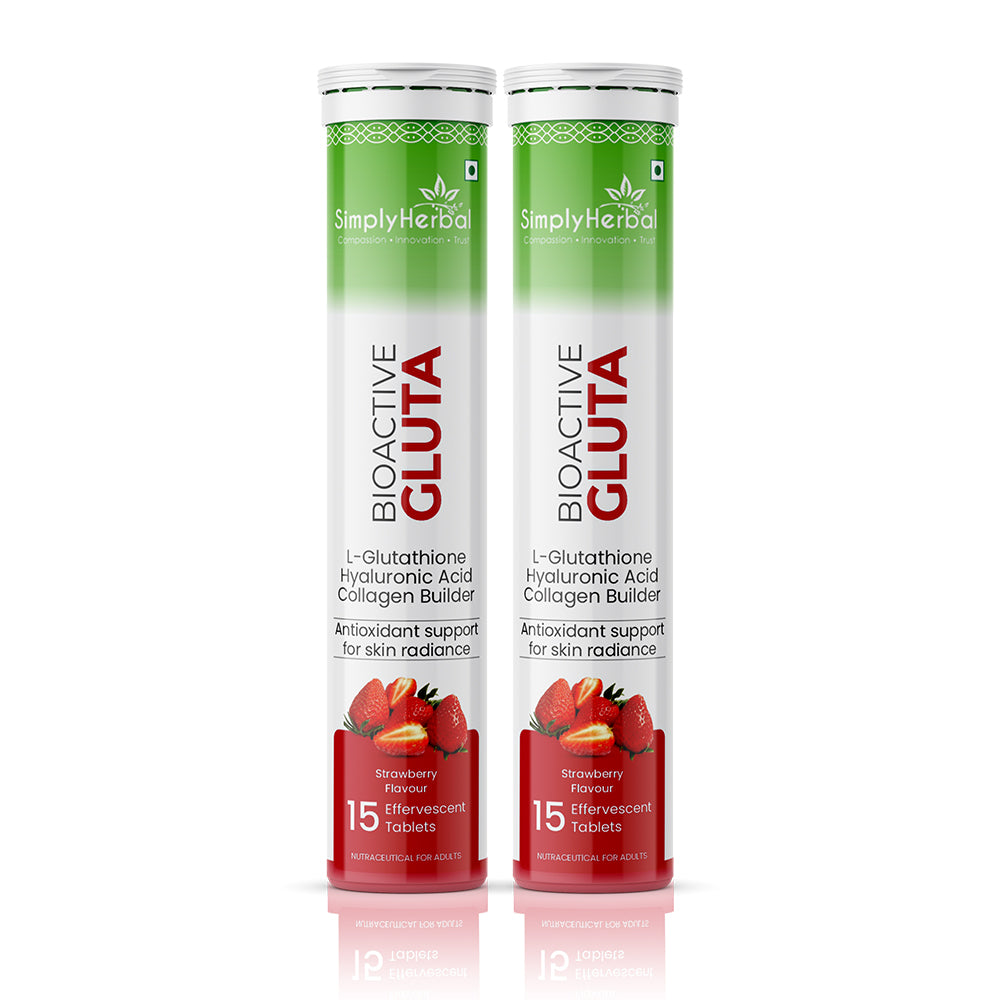 Simply Herbal Bioactive Gluta, Strawberry Flavoured Effervescent Tablets with L-Glutathione, Hyaluronic Acid and Collagen Builder, 15 Tablets