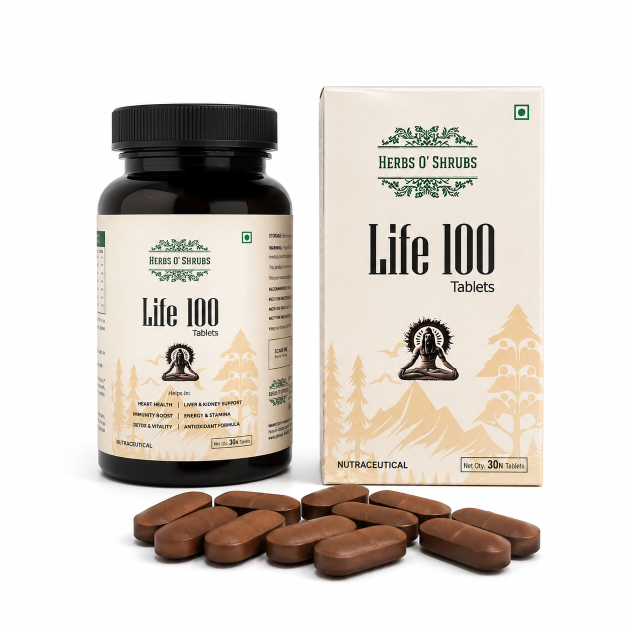 Herbs O' Shrubs Life-100 | Daily Energy, Vitality & Antioxidant Support Tablets | CoQ10, Ashwagandha, Spirulina, Resveratrol & L-Carnitine | Slow Down Aging | Boosts the Immunity, 30 Tablets