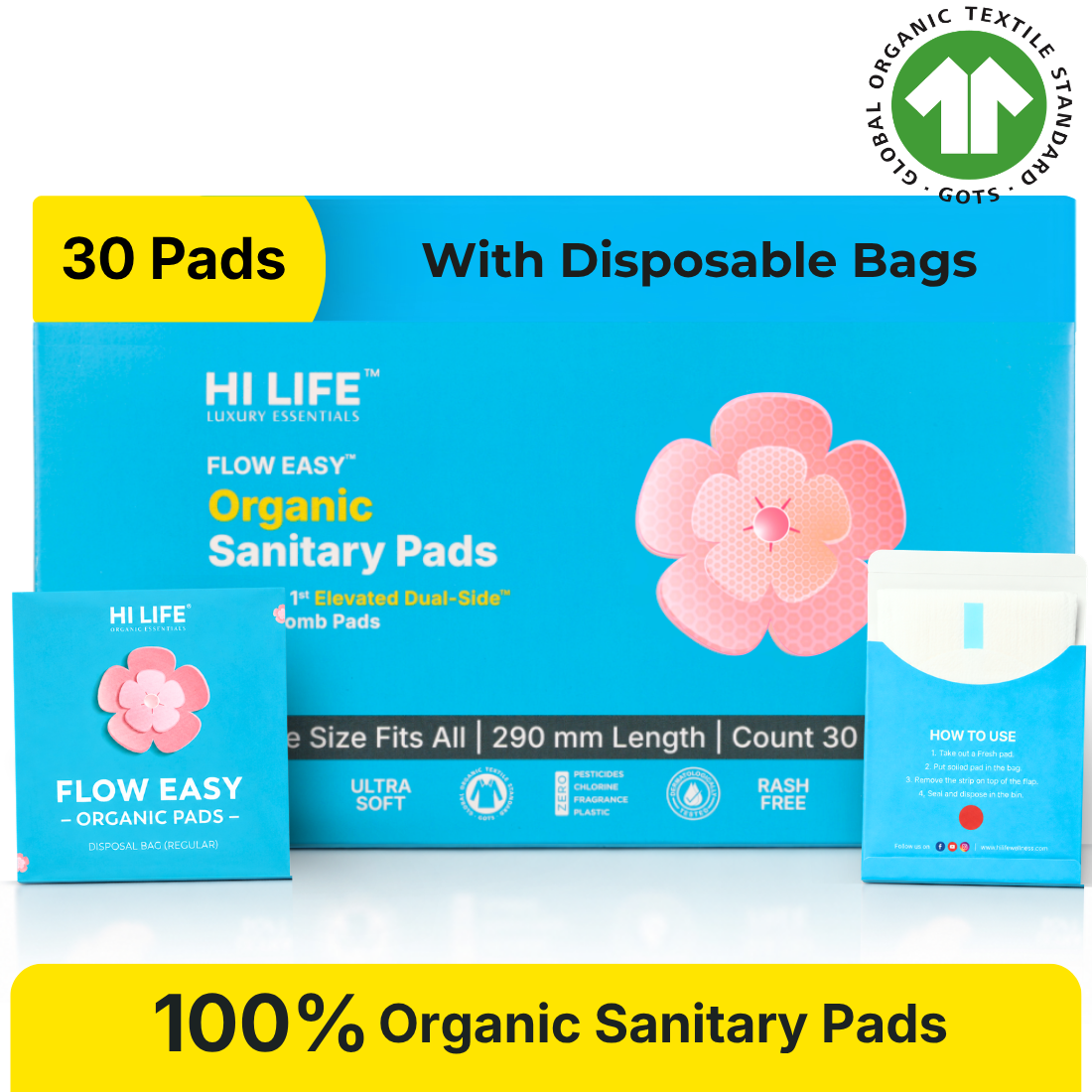 Hi Life Flow Easy Organic Period Pads 280mm | 100% Organic Cotton Top Sheet Sanitary Napkins for Regular & Medium Flow (Pack of 30)