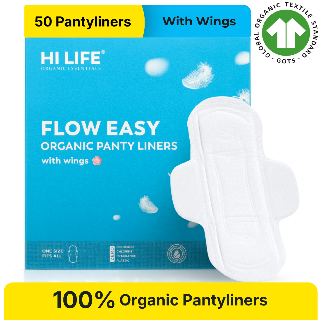 Hi Life Flow Easy Organic Panty Liners with Wings | 100% Organic Cotton Top Sheet Liners for Daily Spotting, Discharge & Light Flow (Pack of 50)