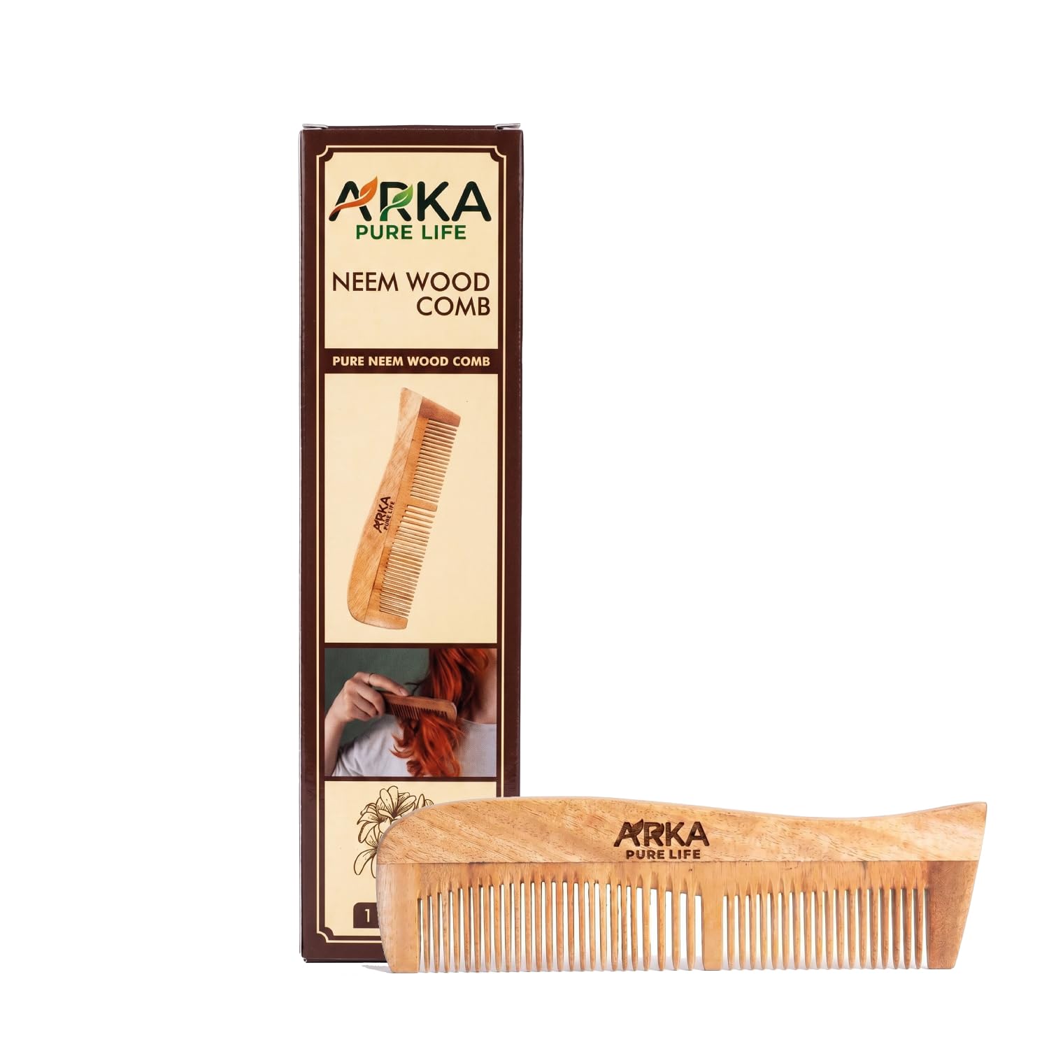Arka Pure Life Dual Neem Wood Comb – Natural Wooden Hair Comb for Scalp Massage, Hair Care & Dandruff Management – 1 Comb