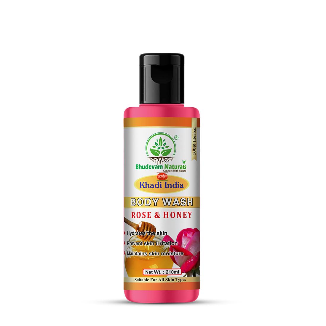 Bhudevam Naturals Khadi Rose & Honey Body Wash, Moisturizing & Nourishing Shower Gel for Soft Glowing Skin-210ML