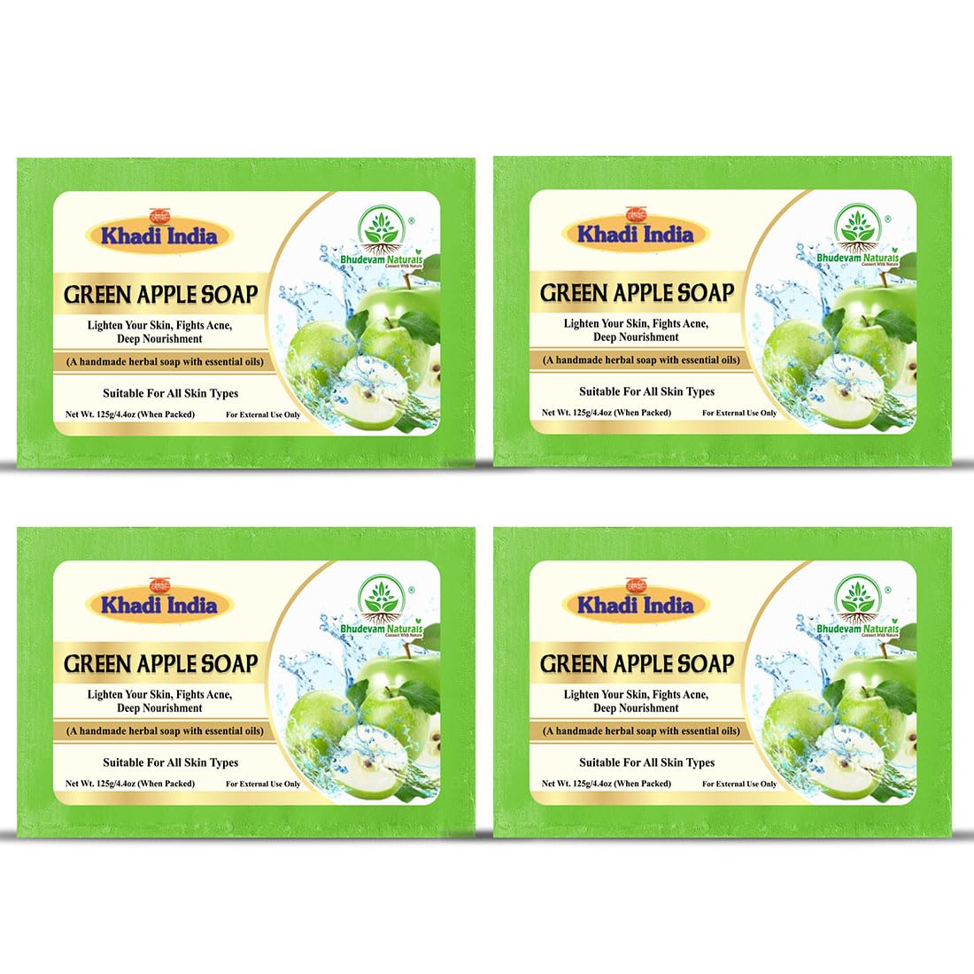 Bhudevam Naturals Khadi Green Apple Handmade Bath Soap with Refreshing Fruity Fragrance for Soft & Glowing Skin- 500GM (Pack of 4)