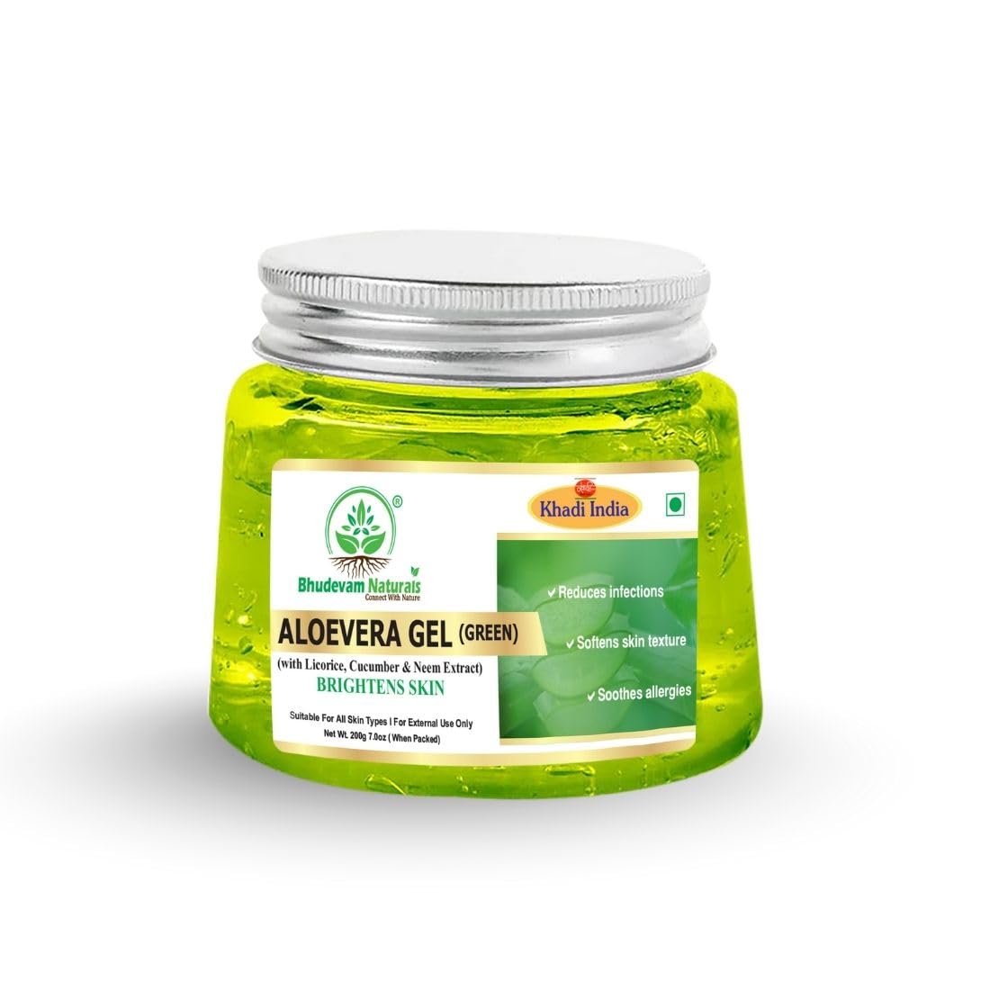 Bhudevam Naturals Khadi Aloe Vera Gel Green for Skin & Hair Care | Cooling Skin Gel for Moisturizing, Sunburn Relief, Acne Control & Healthy Hair Care- 200GM