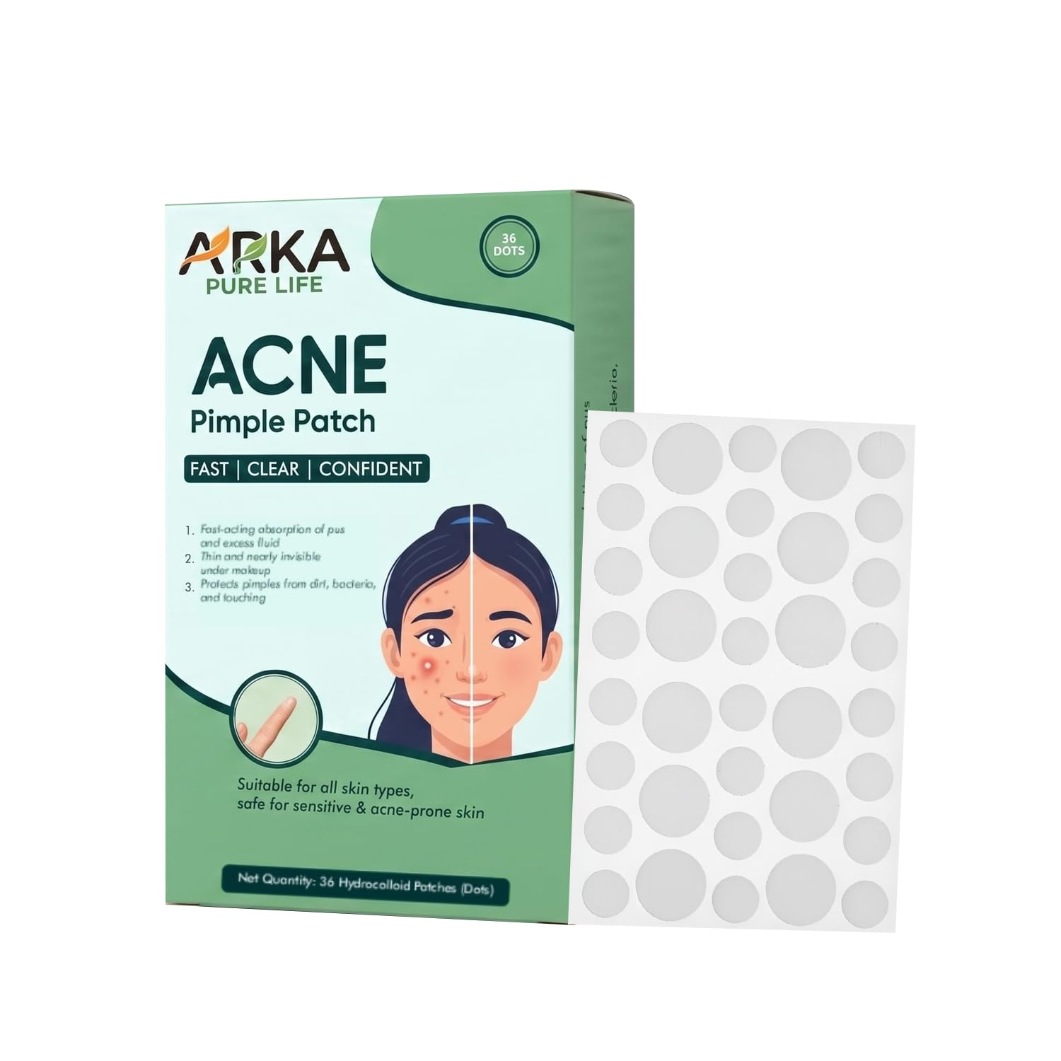 Arka Pure Life Acne Pimple Patch – Hydrocolloid Spot Patches for Blemish & Pimple Care – 36 Dots, 1 Sheet
