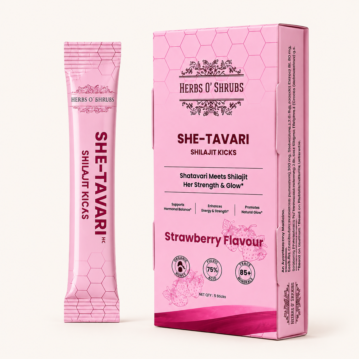 Herbs O' Shrubs She-Tavari Shilajit Kicks | Ayurvedic Women Wellness Supplement with Shatavari, Shilajit, Saffron, Honey & Strawberry | Supports Hormonal Balance, Energy, Mood & Vitality, 5 Sticks