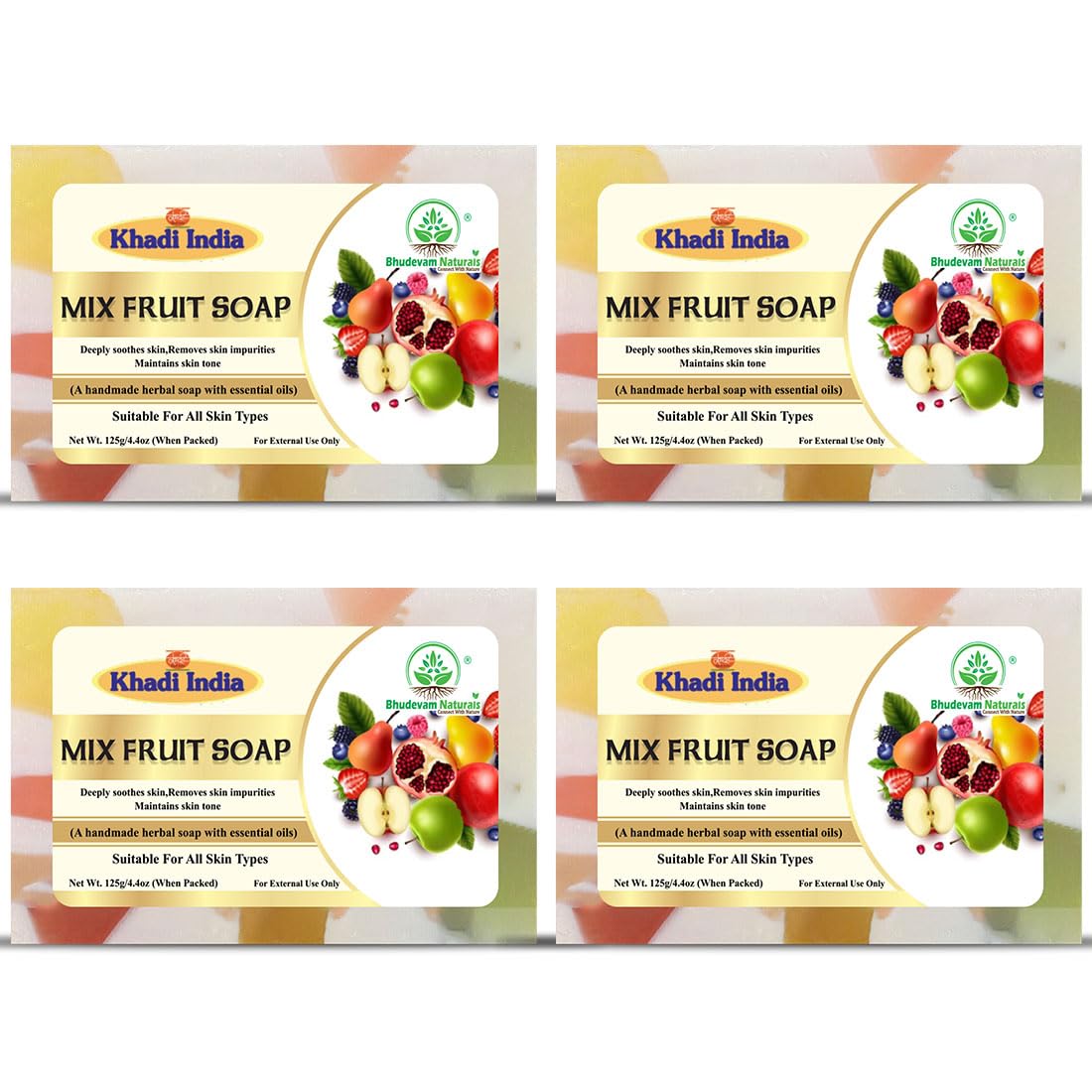 Bhudevam Naturals Khadi Handmade Mix Fruit Soap – Vitamin-Rich Skin Brightening Bath Soap - 500GM (Pack of 4)