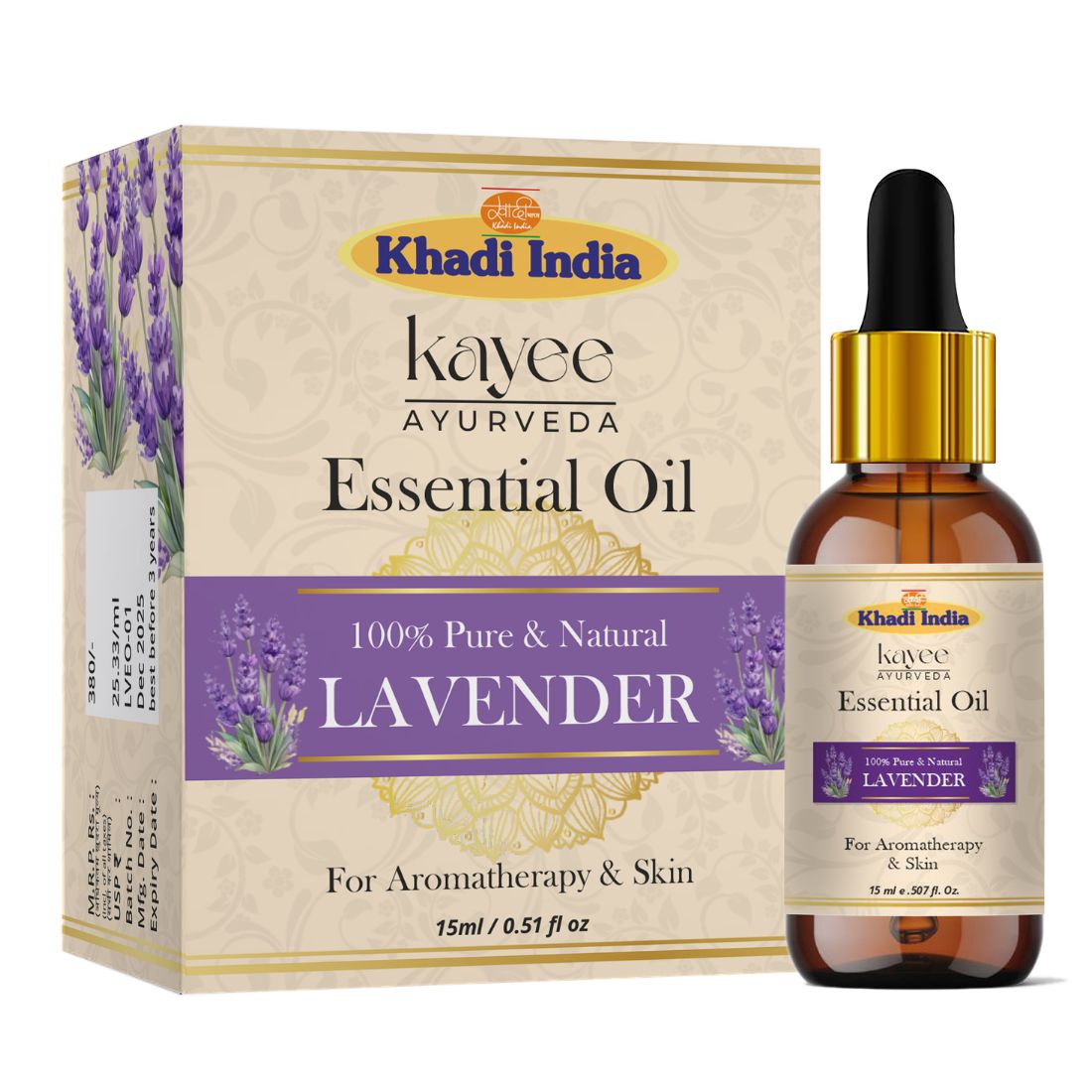 Kayee Ayurveda Lavender Essential Oil for Aromatherapy, Diffuser & Massage | Pure Lavender Aroma Oil for Relaxation, Meditation, Spa & Home Fragrance | Floral Essential Oil for Skincare, Hair Care & Personal Wellness | 15 ml