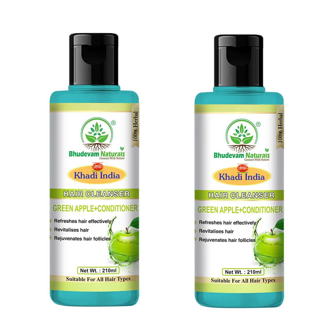 Bhudevam Naturals Khadi Green Apple Hair Shampoo + Conditioner for Soft, Silky & Frizz-Free Hair- 420ML (Pack of 2)