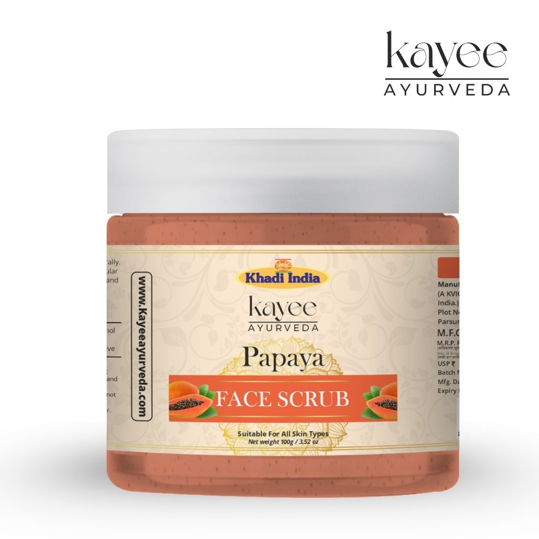 Kayee Ayurveda Papaya Herbal Face Scrub | Papaya Facial Exfoliator for Deep Cleansing, Skin Polishing & Removing Dull Surface Buildup | Helps Improve the Appearance of Uneven & Dull-Looking Skin | Suitable for Regular Skincare