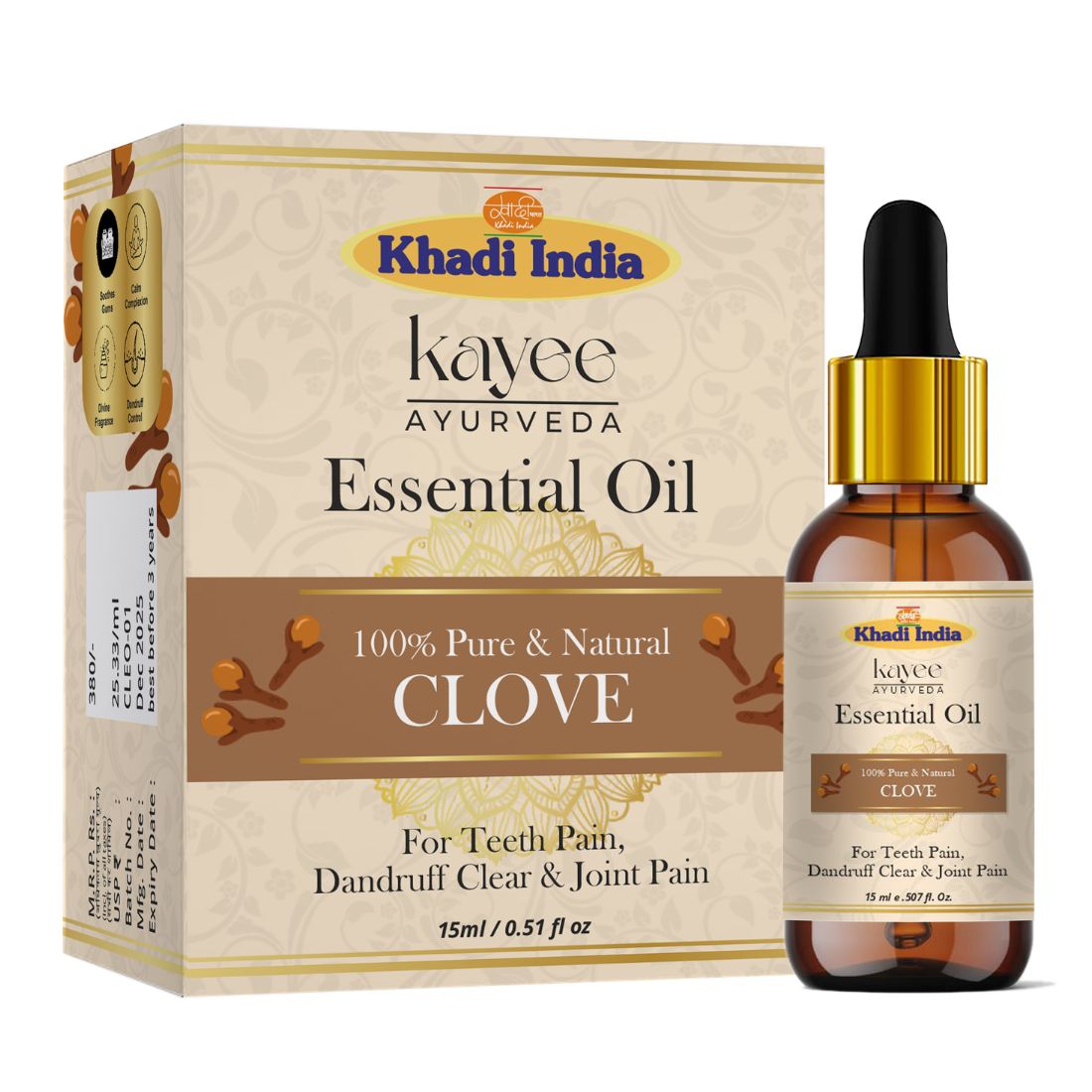 Kayee Ayurveda Clove Essential Oil for Aromatherapy, Diffuser, Massage & Home Fragrance | Warm Spicy Clove Aroma Oil for Meditation, Yoga, Relaxation & Spa | Multi-Purpose Essential Oil for Personal Care & Wellness | 15 ml
