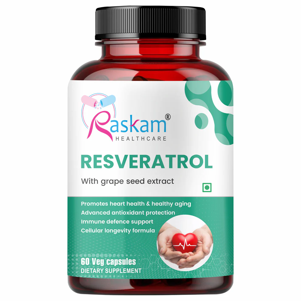 Raskam Resveratrol supplement with grape seed extract | capsules with highly bioavailable | antioxidant support for healthy aging | heart, immune & skin support | 60 veg capsules