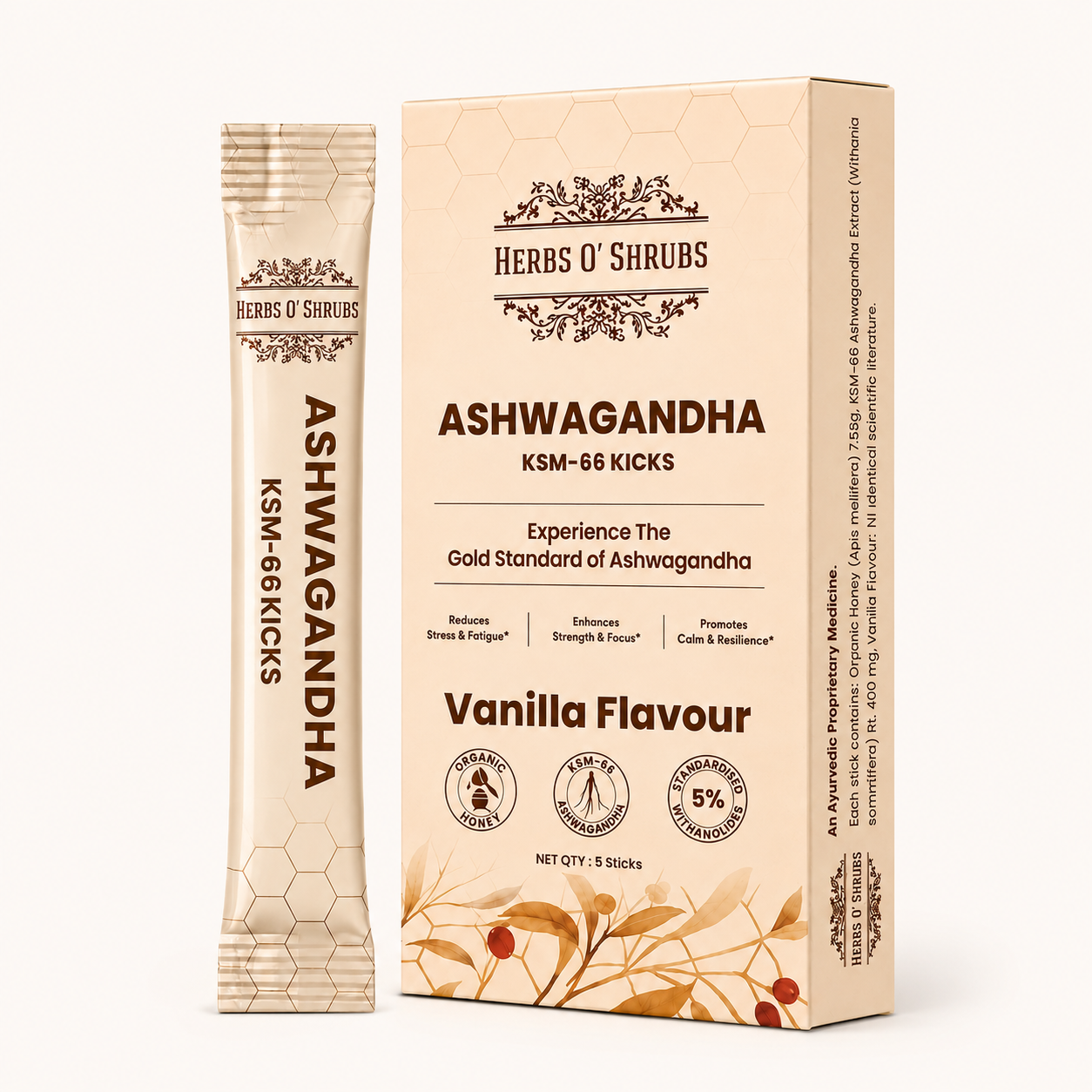 Herbs O’ Shrubs Ashwagandha KSM-66 Kicks | Root Extract with Organic Honey & Vanilla | Vitality Support | Convenient On-the-Go Energy & Focus Support, 5 Sticks