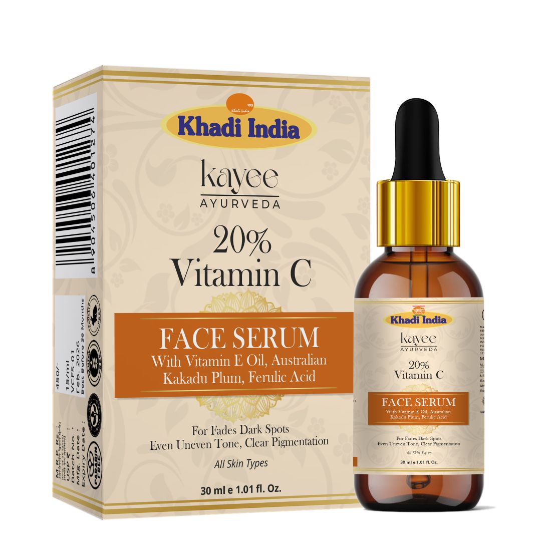 Kayee Ayurveda 20% Vitamin C Face Serum for Face | Brightening & Antioxidant Facial Serum for Dull & Uneven-Looking Skin | Helps Improve the Appearance of Dark Spots, Uneven Skin Tone & Skin Texture | Lightweight Daily Skincare for Women & Men | 30 ml