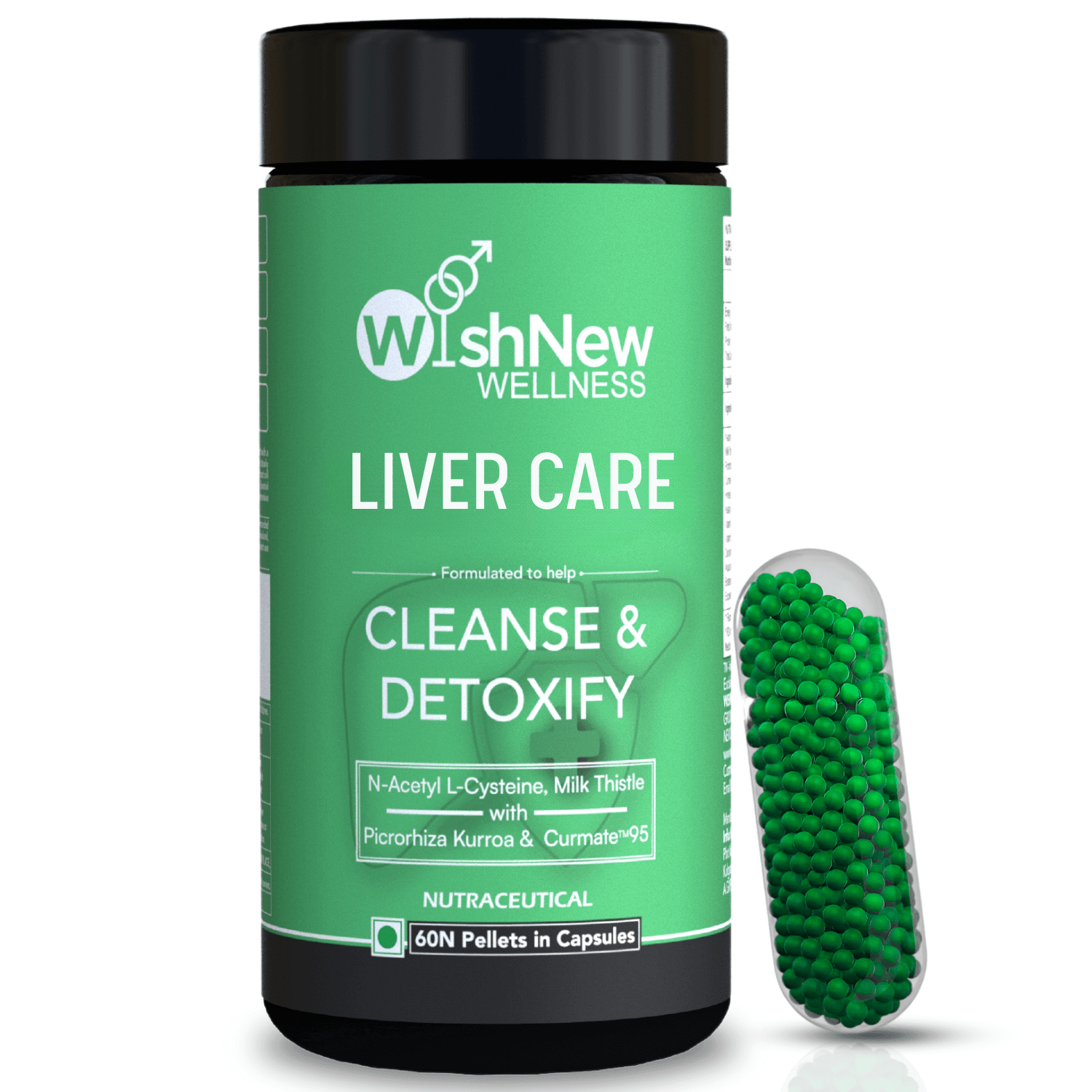 Wishnew Wellness Liver Care Supplement Detoxifying Liver Support with NAC, Milk Thistle & Curcumin 95 Pellets in 60 Capsule