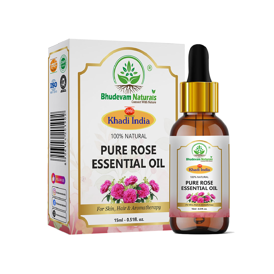 Bhudevam Naturals Khadi Rose Essential Oil for Skin & Hair Care – 100% Pure Natural Steam Distilled Rose Oil for Face, Acne, Aromatherapy, Diffuser - 15ml