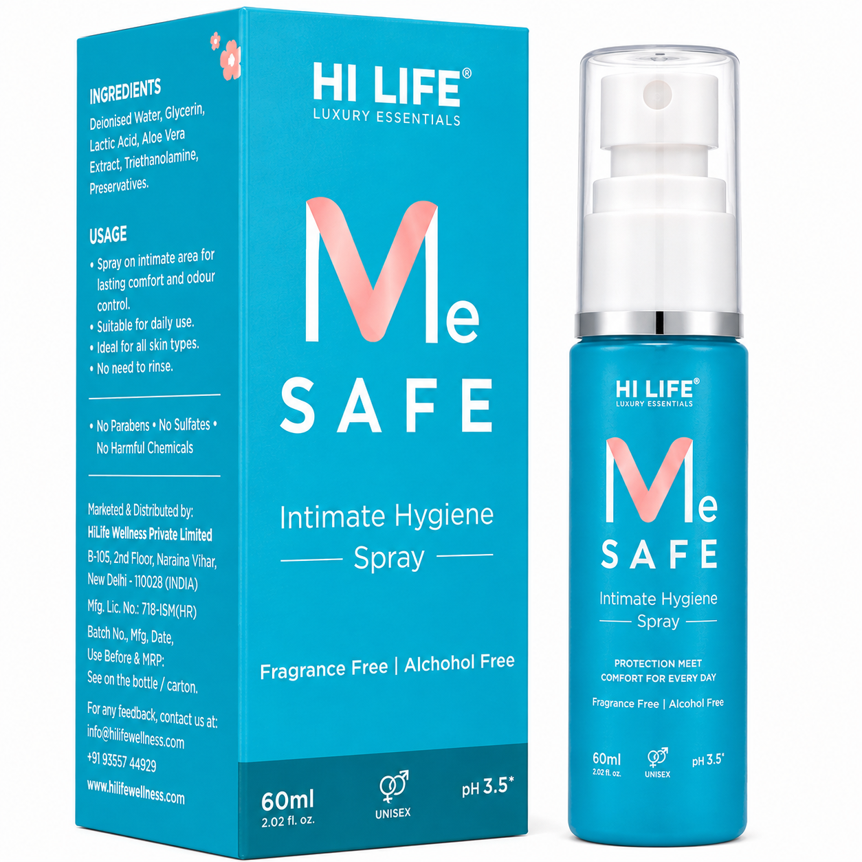 Hi Life Me Safe Intimate Hygiene Spray | On-the-Go Antimicrobial & pH-Balancing Intimate Cleansing Spray (60 ml)