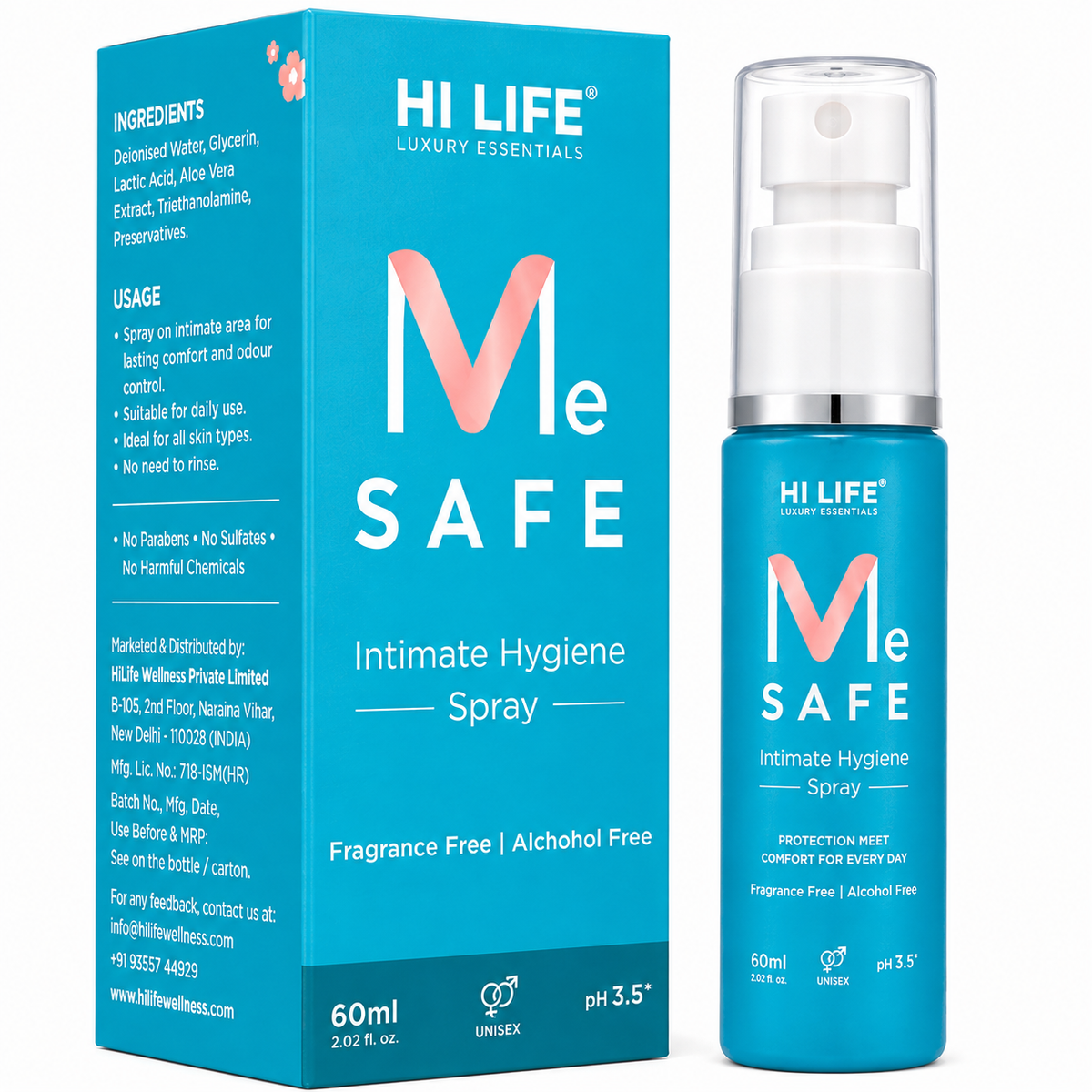 Hi Life Me Safe Intimate Hygiene Spray | On-the-Go Antimicrobial & pH-Balancing Intimate Cleansing Spray (60 ml)