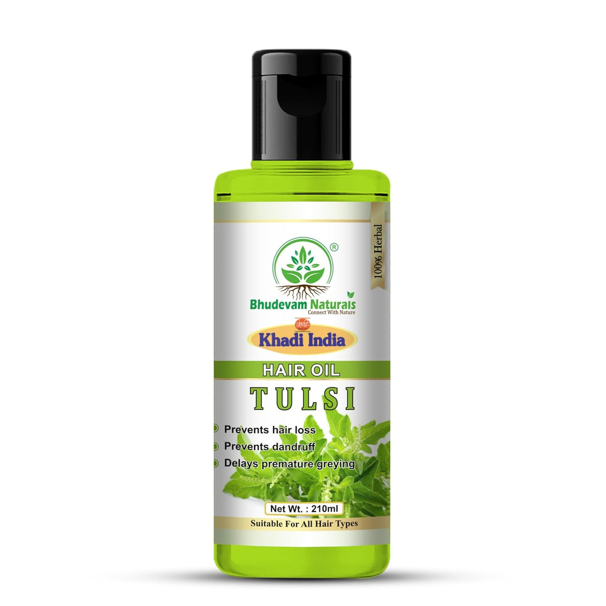 Bhudevam Naturals Khadi Tulsi Hair Oil Reduces Hair Fall & Strengthens Roots Naturally- 210ML