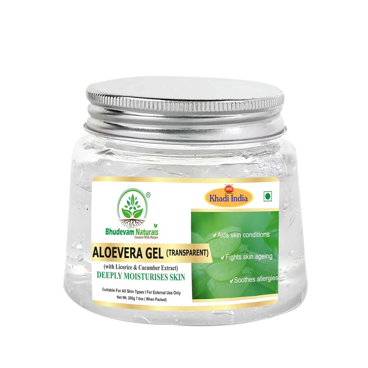 Bhudevam Naturals Khadi Pure Aloe Vera Gel (Transparent) for Skin & Hair | Natural Hydrating Gel for Face, Acne Care, Sunburn Relief & Deep Moisturization- 200GM