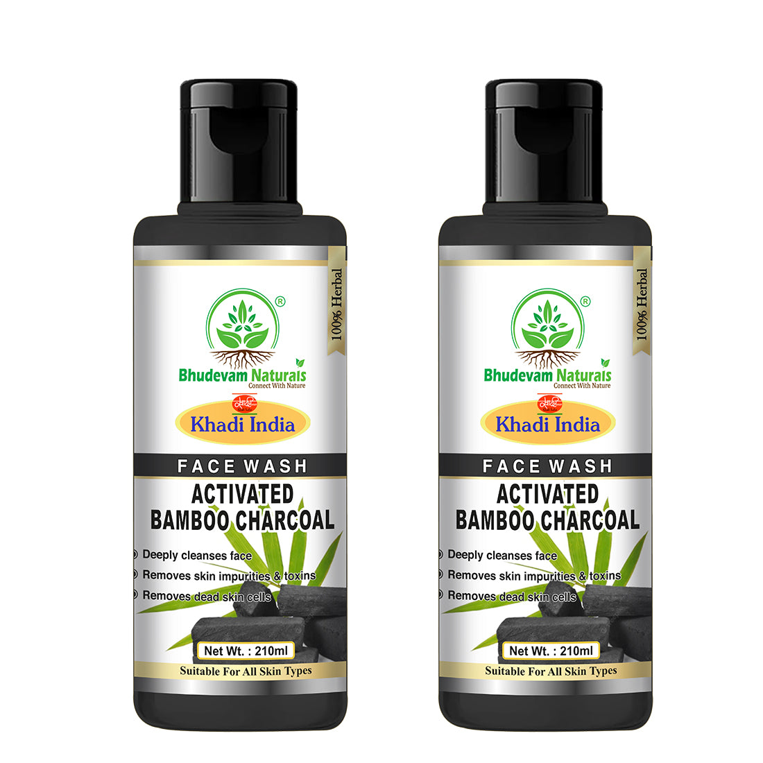 Bhudevam Naturals Khadi Bamboo Charcoal Herbal Face Wash – Reduces Acne, Pimples & Oiliness- 420ML (Pack of 2)