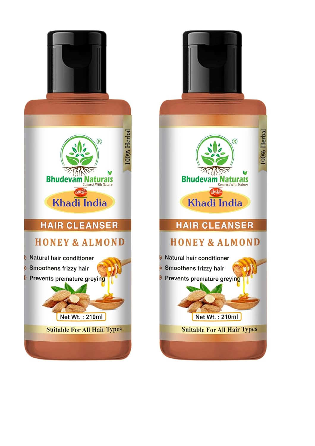 Bhudevam Naturals Khadi Honey Almond Shampoo for Soft, Silky & Shiny Hair- 420ML (Pack of 2)