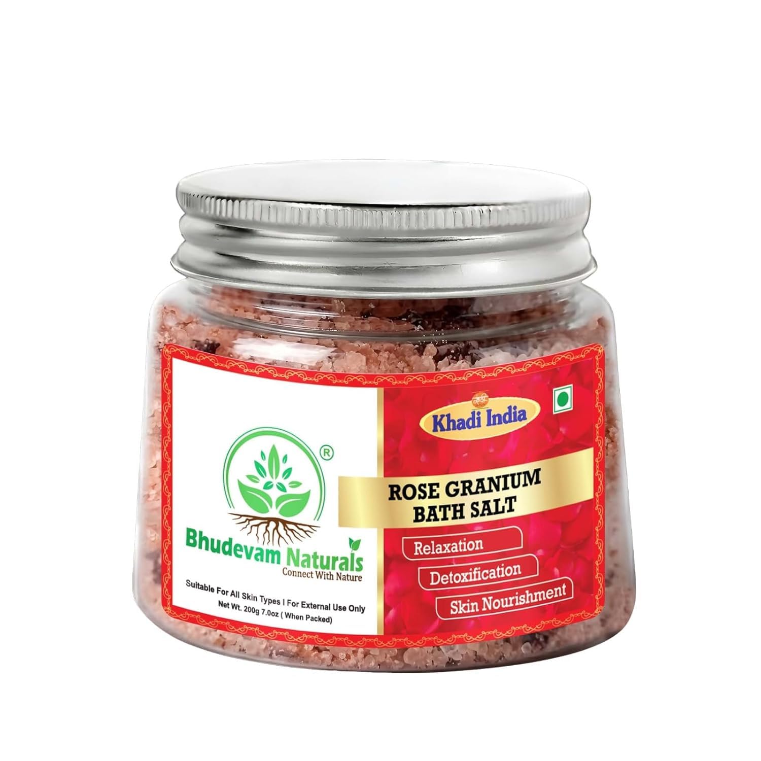 Bhudevam Naturals Khadi Rose Geranium Bath Salts for Relaxation – Natural Aromatherapy Soaking Salts with Essential Oils for Stress Relief & Skin Care- 200GM