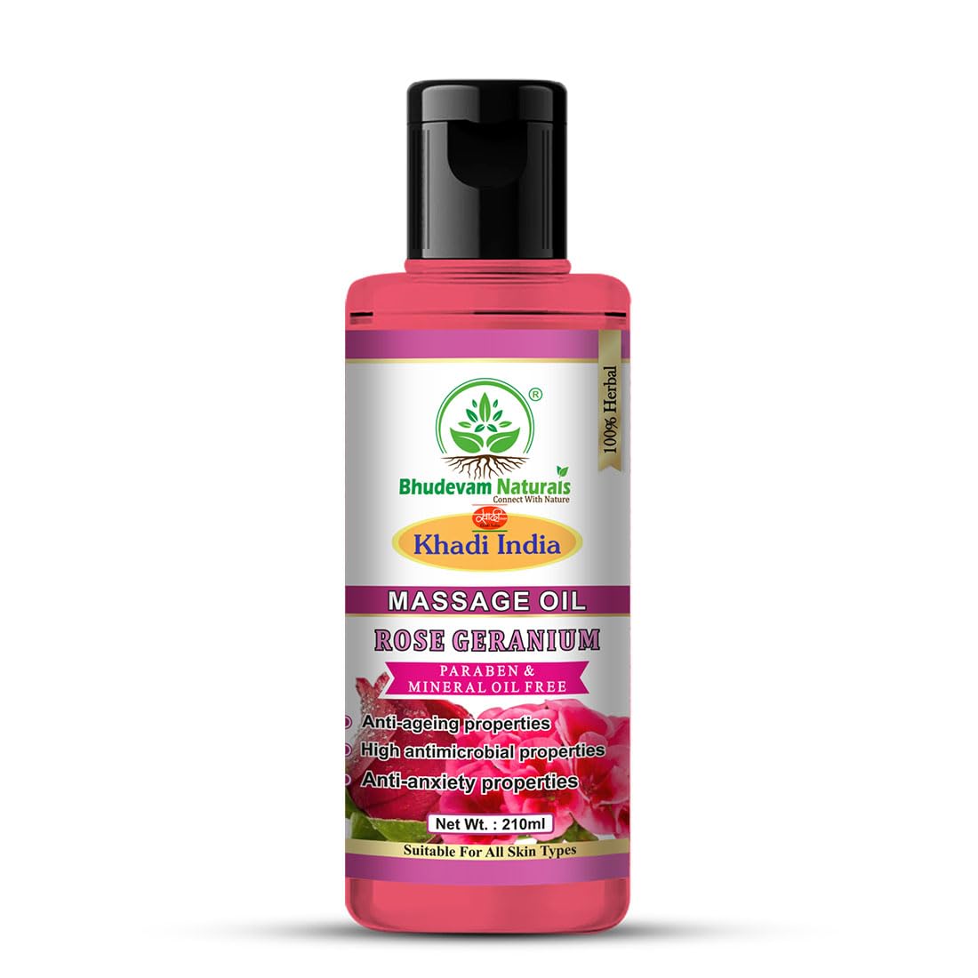 Bhudevam Naturals Rose Geranium Spa Therapy Massage Oil for Muscle Relaxation, Skin Care & Deep Hydration- 210ML