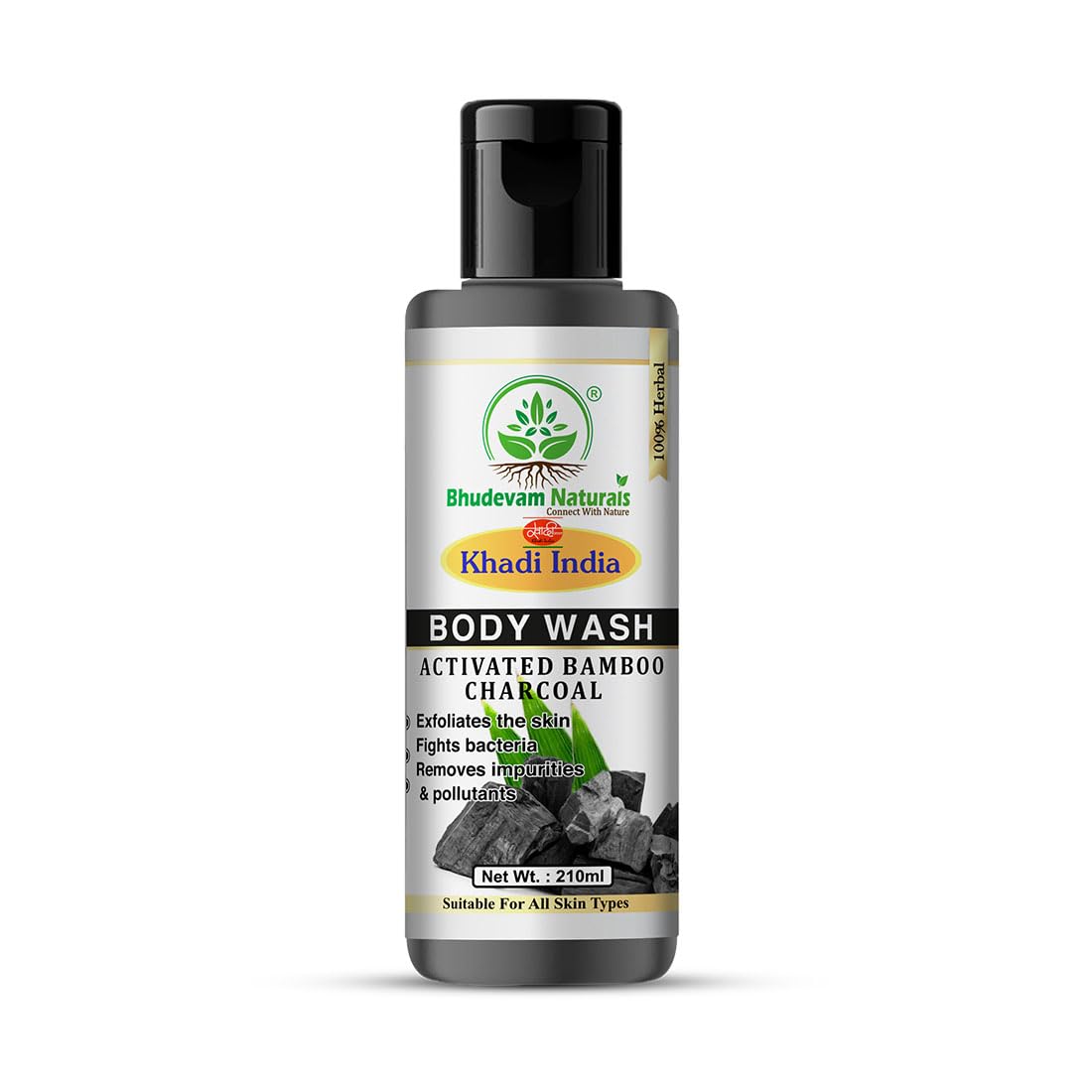 Bhudevam Naturals Khadi Bamboo Charcoal Body Wash – Skin Detox & Oil Control Shower Gel- 210ML