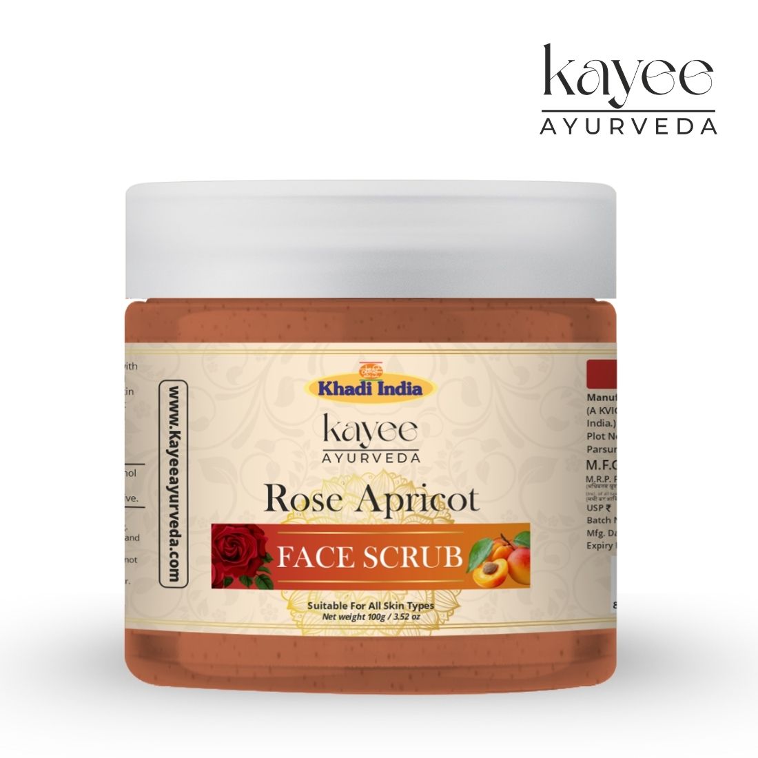 Kayee Ayurveda Rose Apricot Face Scrub for Men & Women | Herbal Exfoliating Facial Scrub for Deep Cleansing, Dead Skin Removal & Smooth Skin Care | Helps Remove Excess Oil & Impurities | Suitable for Regular Skincare Routine