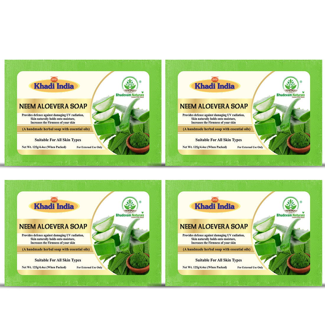 Bhudevam Naturals Khadi Handmade Neem Aloe Vera Soap – Anti-Acne & Skin Soothing Bath Soap- 500GM (Pack of 4)
